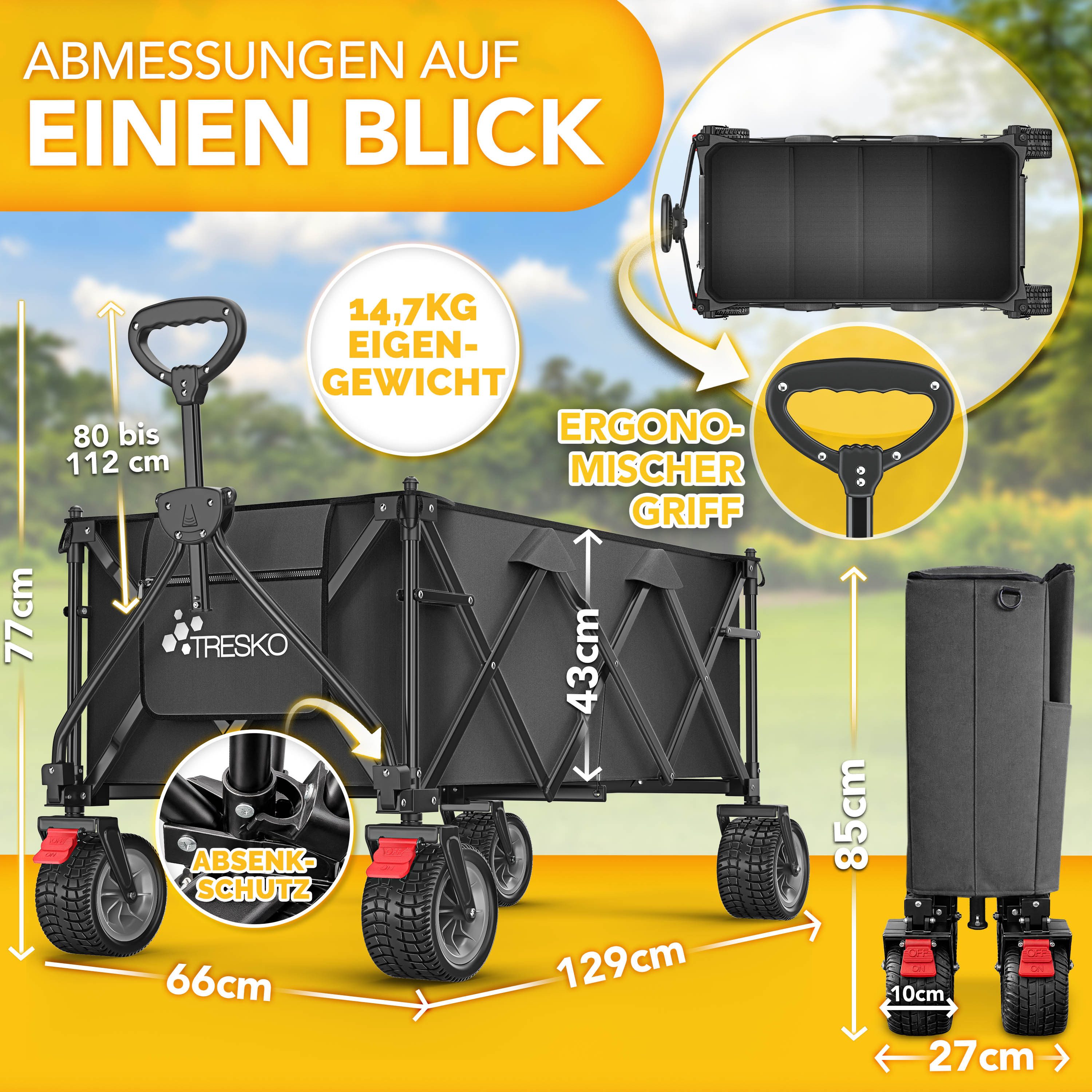 TRESKO Bollerwagen Bollerwagen faltbar 300L mit Bremse Handwagen klappbar 150kg (inkl. Vollgummireifen Faltbarer Strandwagen mit Extra Breite All-Terrain-Räder, Gartenwagen Transportwagen mit Tragetasche)