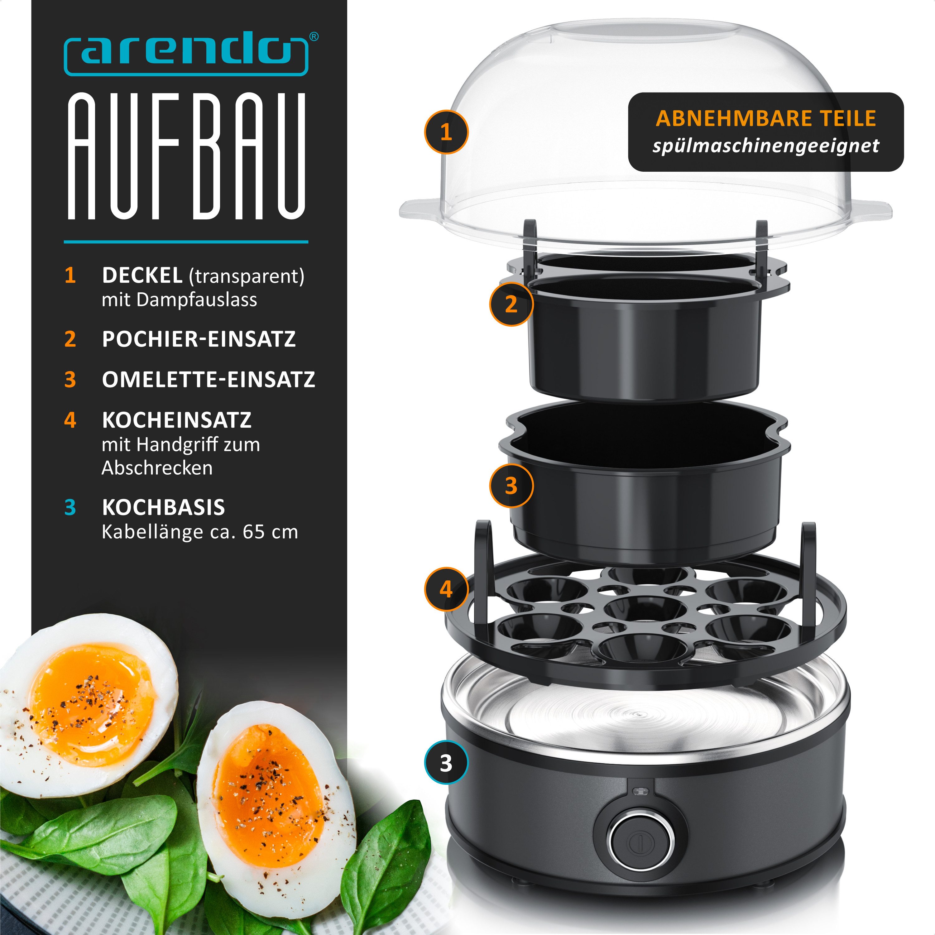 Arendo Eierkocher für 1–7 Eier, Edelstahl, 3 Härtegrade, mit Warmhaltefunktion, 7-Fach, Anzahl Eier: 7 St., 350 W, mit Einsatz für Eier, pochierte Eier & Omelette, Signalton, Egg Cooker