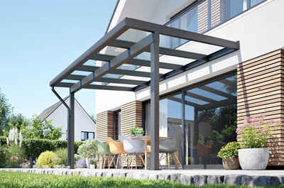 Rexin Terrassendach REXOclassic – 4m x 2m elegantes Aluminium Terrassendach, BxT: 406x200 cm, Bedachung VSG-Glas klar oder VSG-Glas grau, 4mm starke Profile, Terassenüberdachung, Vordach