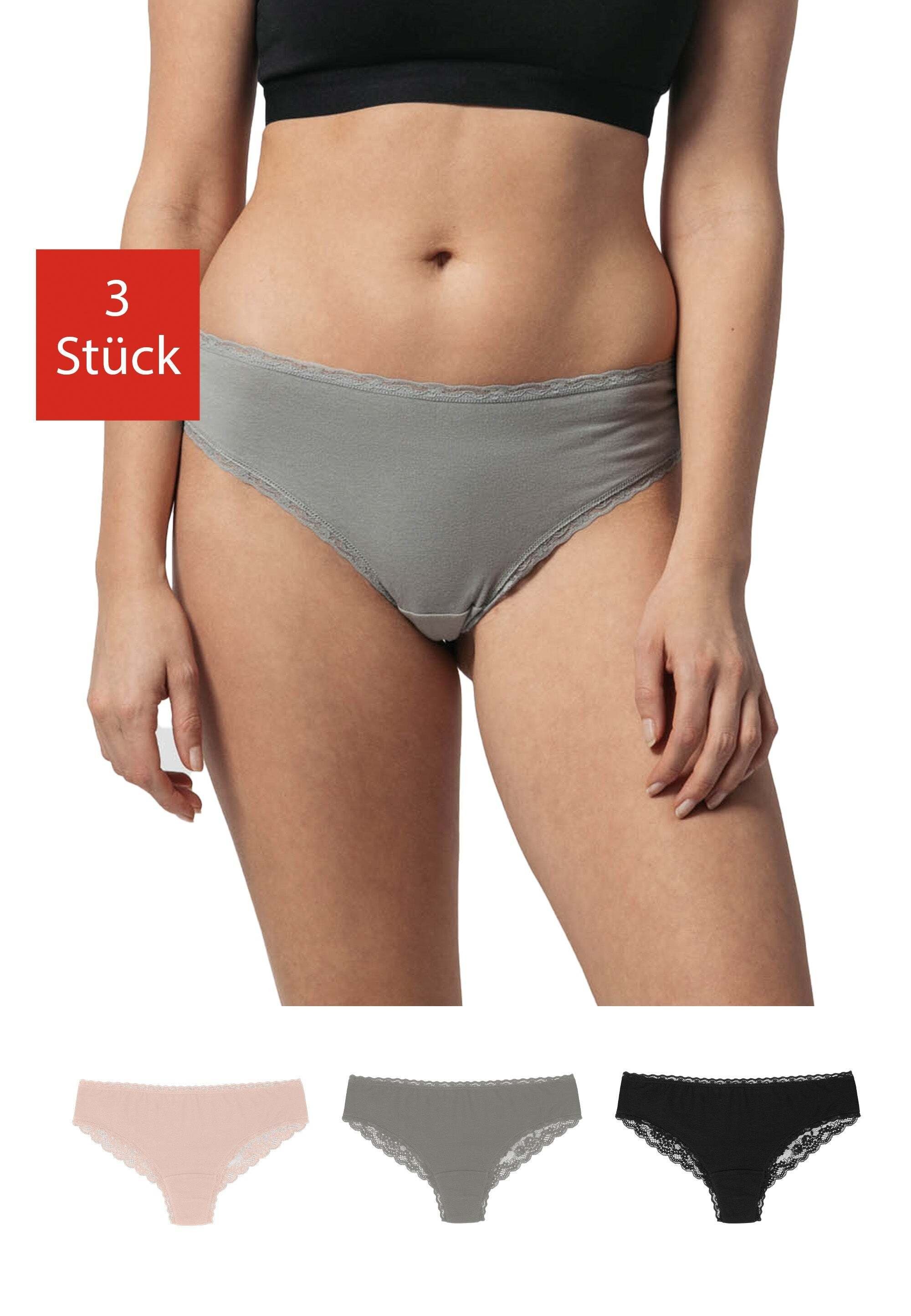 SNOCKS Brasilslip Unterwäsche Damen Brazilian Slip Unterhosen (3-St) aus Bio-Baumwolle mit Spitze, bequem und elegant Mix (Apricot/Grün/Schwarz)