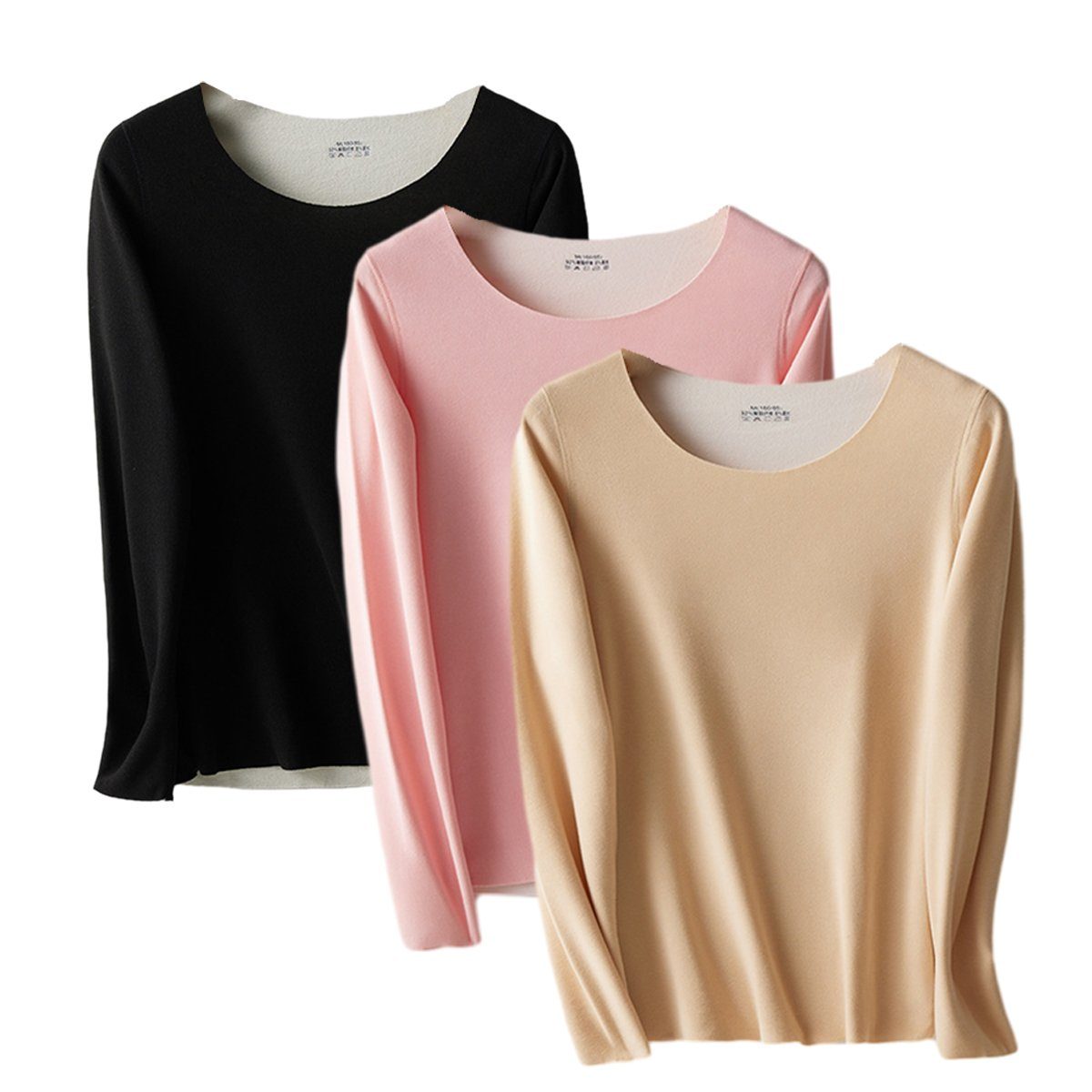 Jormftte Thermounterhemd Langarmshirt Damen Basic Longsleeve Langarmshirt Tops,für winter Rosa+Hautfarbe+Schwarz
