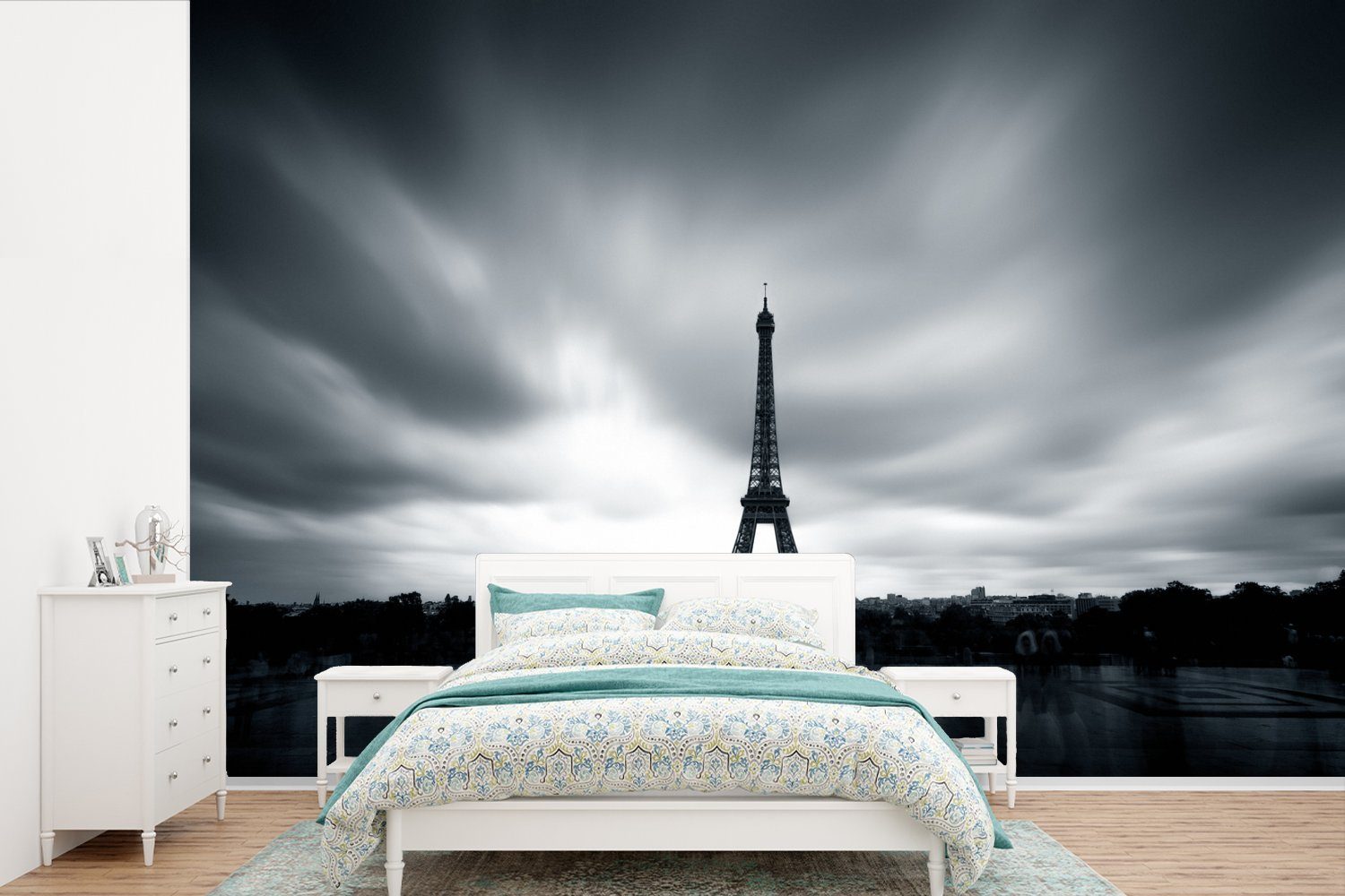 MuchoWow Fototapete Blick auf den Eiffelturm, Matt, bedruckt, (6 St), Wallpaper für Wohnzimmer, Schlafzimmer, Kinderzimmer, Vinyl Tapete