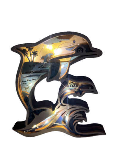 Stelby Dekofigur Dekoration Holzmodell Delfin mit Led Lichtern