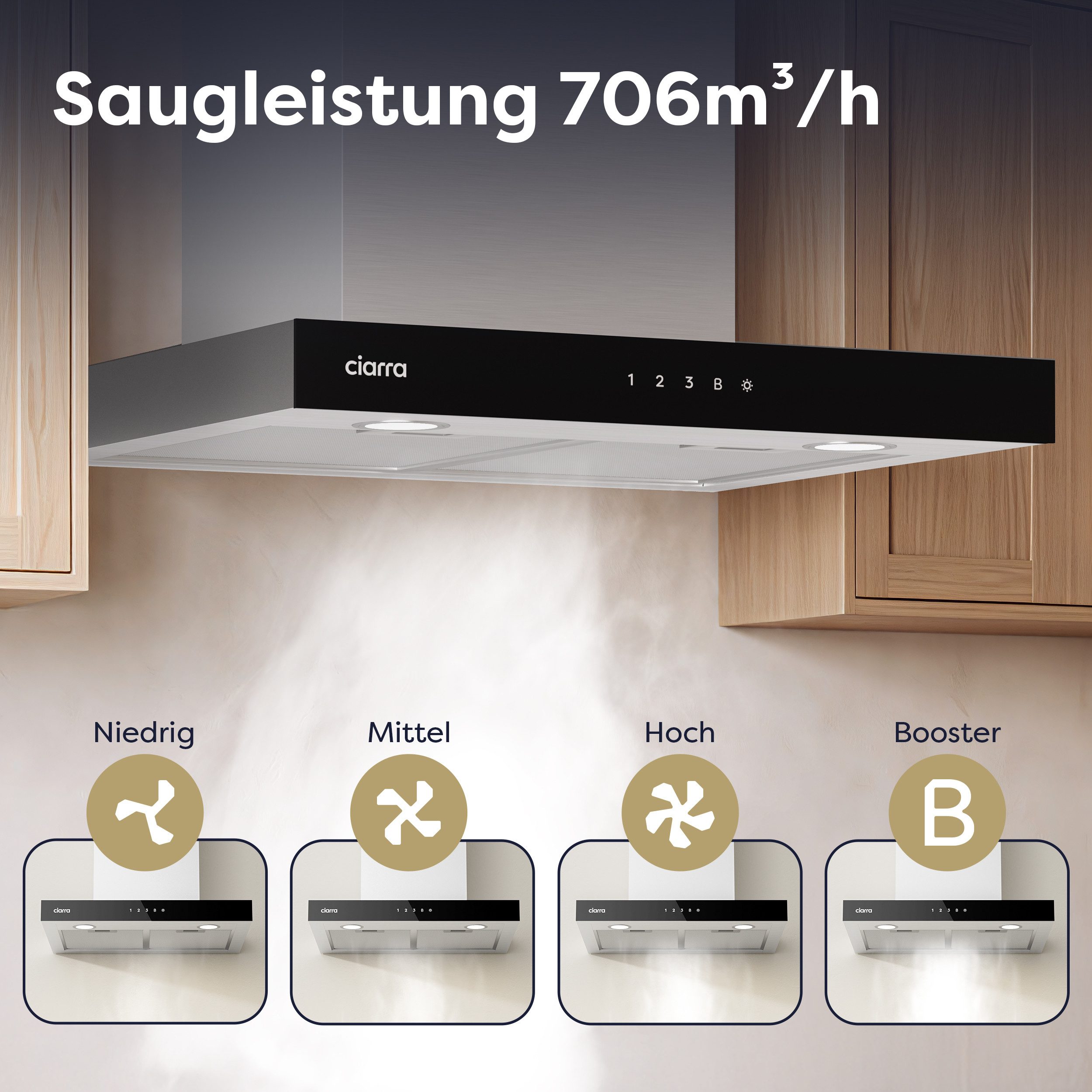 CIARRA Wandhaube 60 cm Dunstabzugshaube A+++ 706 m³/h Umluft & Abluft 4 Stufen CBCS6102 60 cm Dunstabzugshaube A+++ 706 m³/h Umluft & Abluft 4 Stufen CBCS6102, Kaminhaube leise WIFI-APP Touch Control Inkl. BOOST aus Edelstahl LED