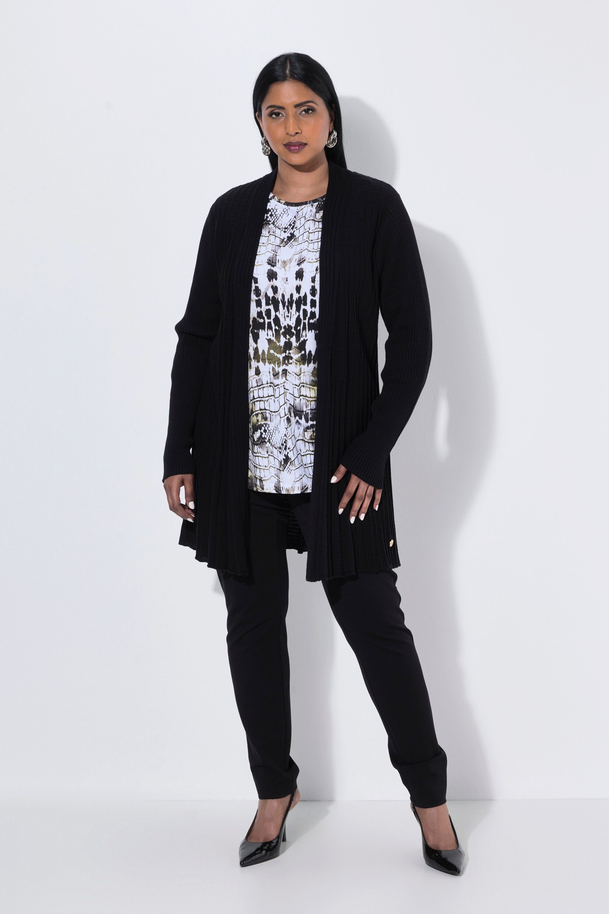 Ulla Popken Strickjacke Plissee-Strickjacke A-Linie Schalkragen Langarm