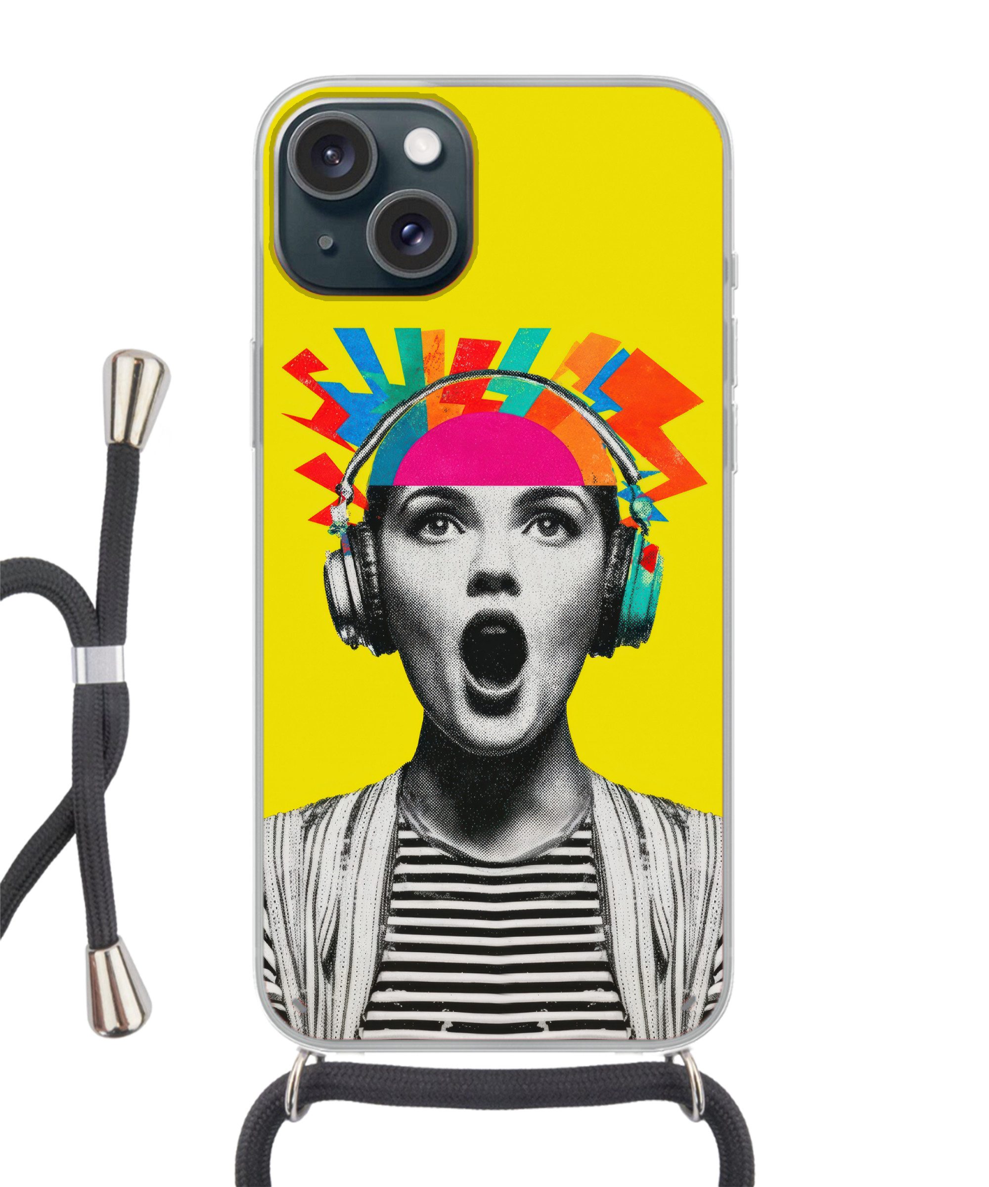 MuchoWow Handyhülle für Apple iPhone 15 Frau - Kopfhörer - Gelb, Tragbare Handyhüllen mit Kette zum umhängen, Handykette Handyband
