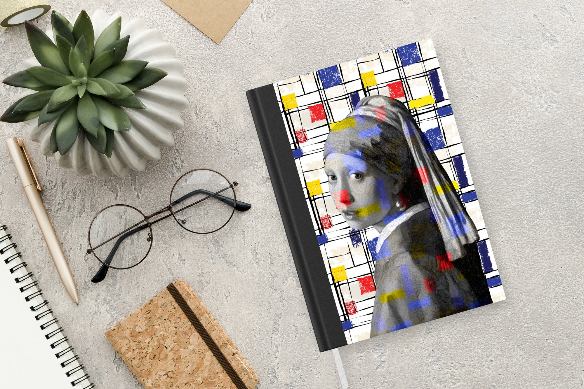 Mondrian Journal, Mädchen mit Haushaltsbuch MuchoWow Collage, - A5, Tagebuch, Notizbuch Merkzettel, Perlenohrring Seiten, 98 - Notizheft,