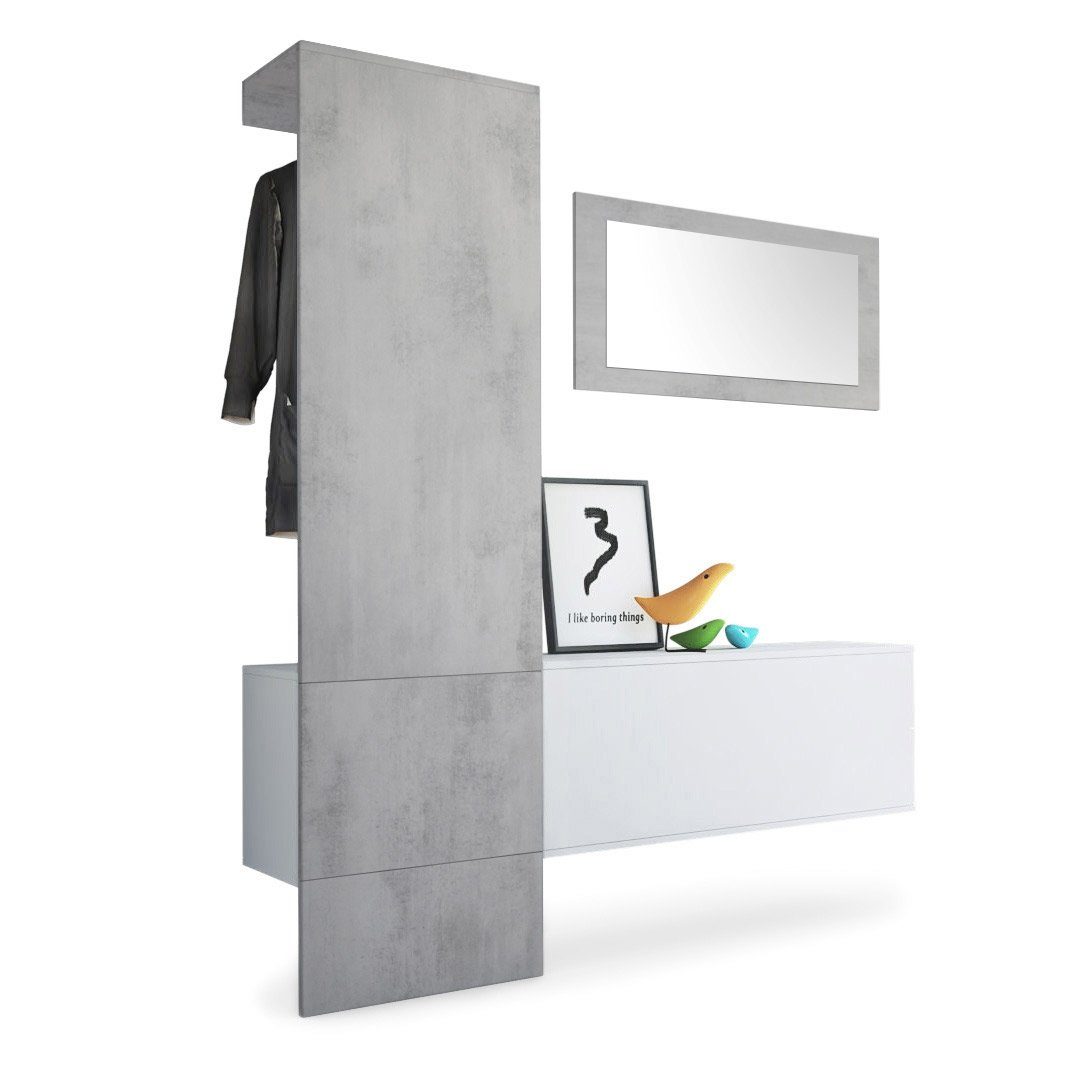 Vladon Garderoben-Set Carlton Set 4, (Wandgarderobe bestehend aus, ​1 Paneel, 1 Schrankmodul und 1 Wandspiegel), Weiß matt/Beton Oxid Optik (156 x 193 x 35 cm)