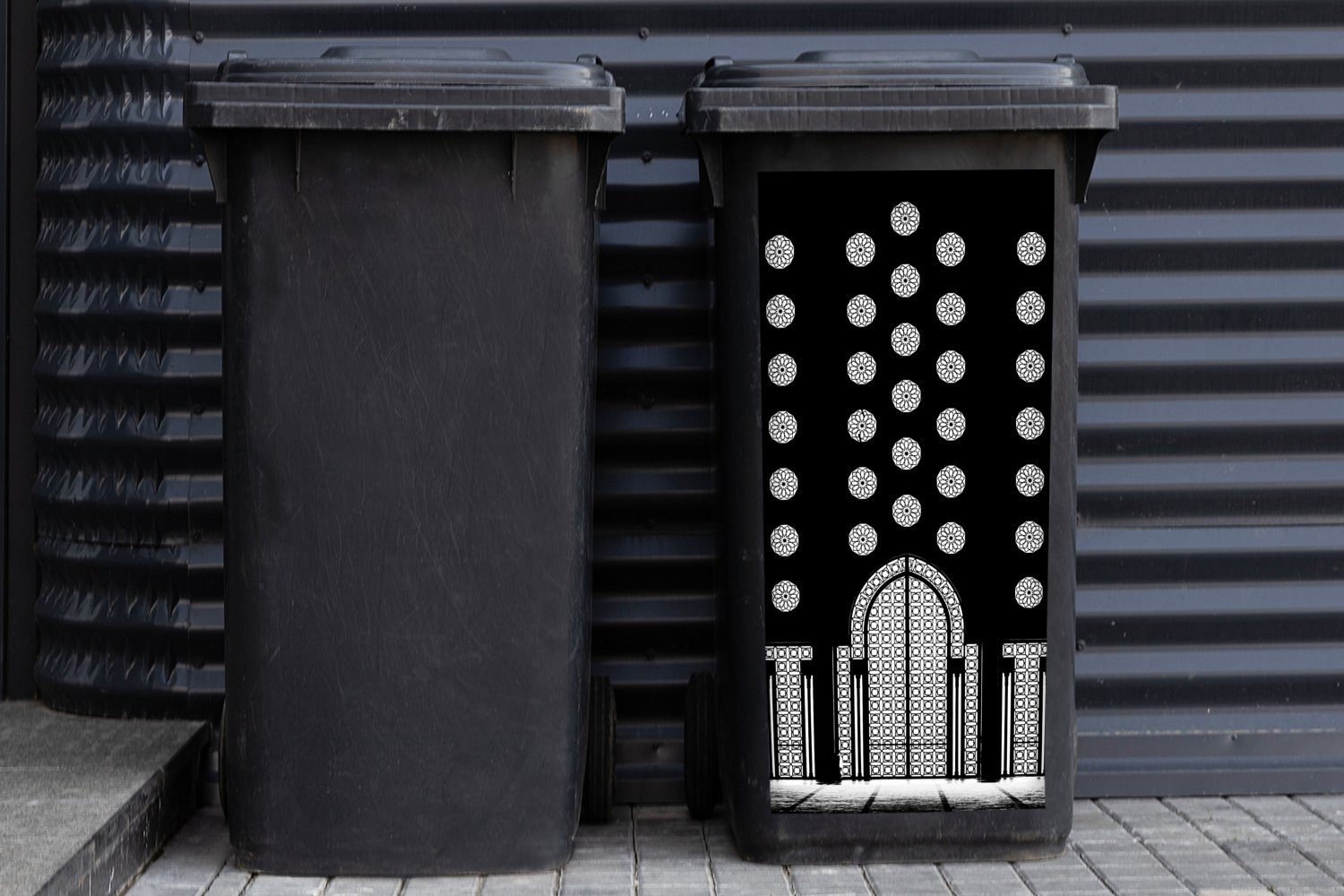 Schwarz Architektur - Wandsticker MuchoWow (1 Muster Sticker, Weiß St), - - Container, Abfalbehälter Mülleimer-aufkleber, Mülltonne,