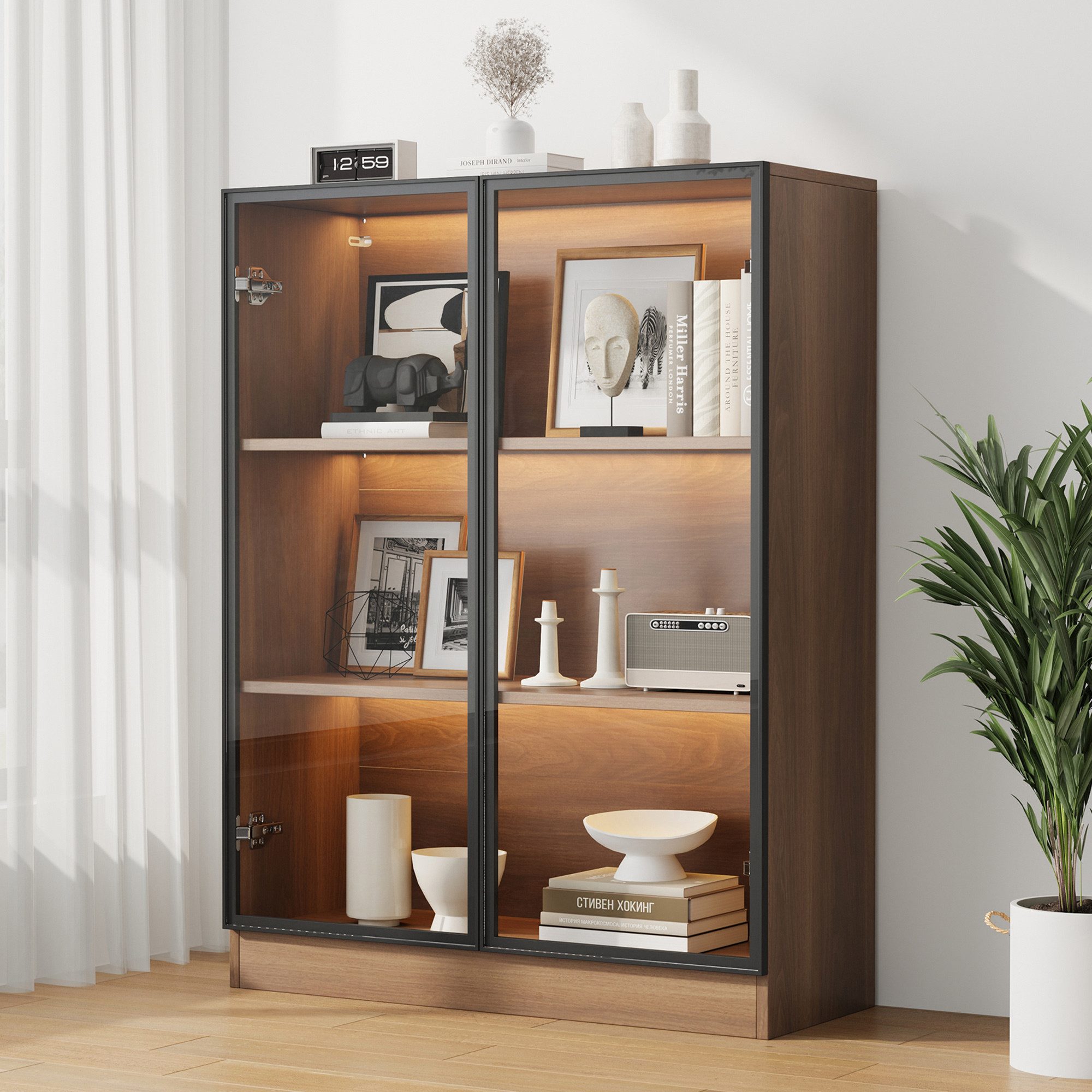 Flieks Glasvitrine mit LED-Beleuchtung und 2 Glastüren (1-St., T32/H106/B80 cm) Hochschrank Mehrzweckschrank Sammlervitrine mit 3 Ebenen Holzoptik