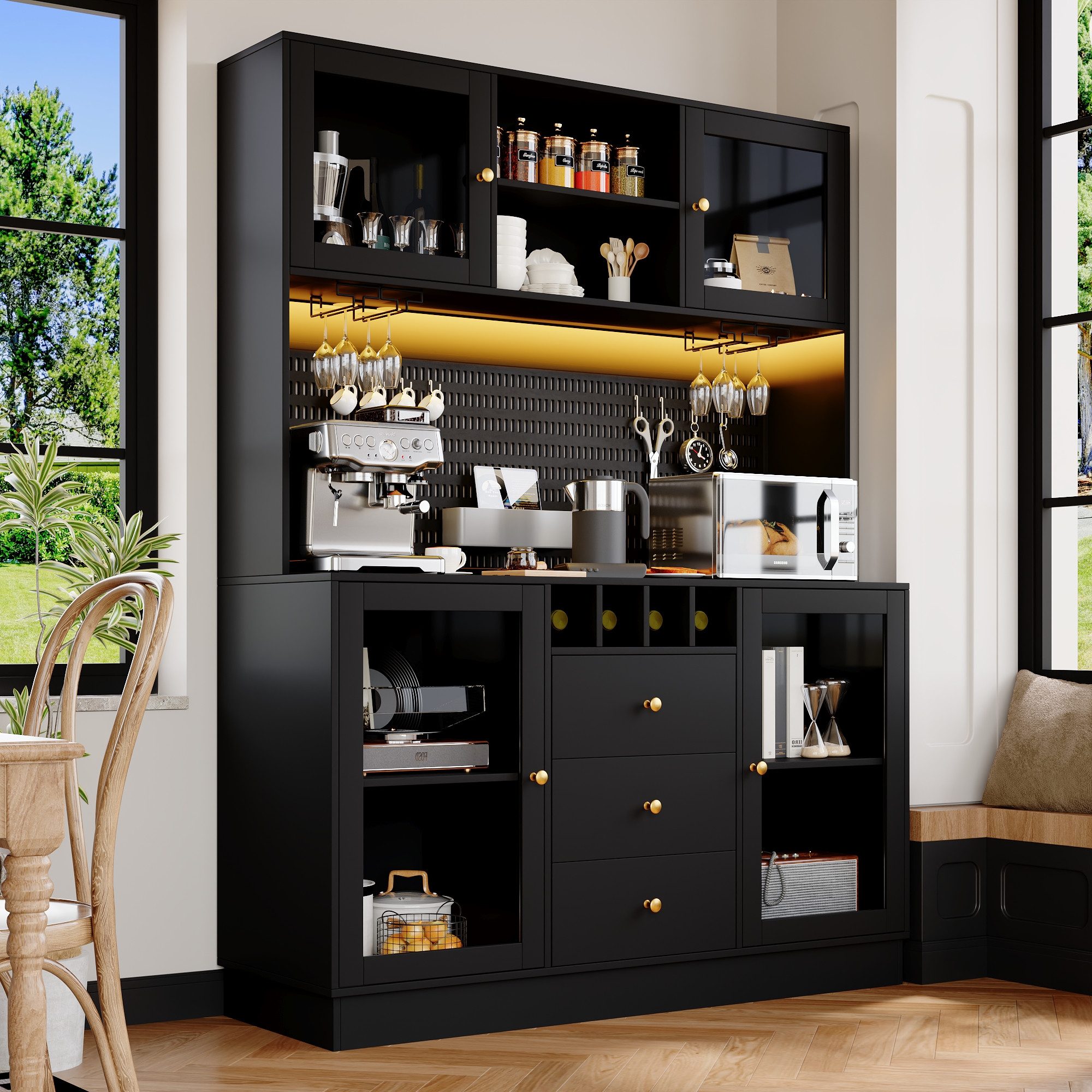 Flieks Küchenbuffet mit LED-Beleuchtung, Lochwand, Glastüren und Gläserhalter (1-St., 140x40x185,7 cm) Hochschrank Küchenschrank Geschirrschrank mit Arbeitsplatte Schwarz