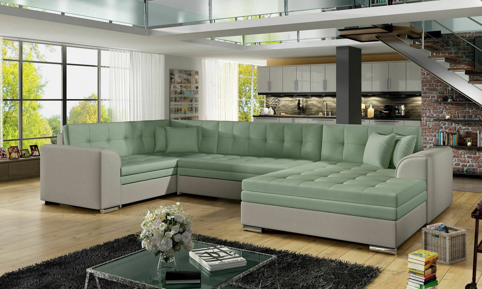 JVmoebel Ecksofa Design Ecksofa Schlafsofa Bettfunktion Couch Leder Textil Polster, Mit Bettfunktion Grün/Grau