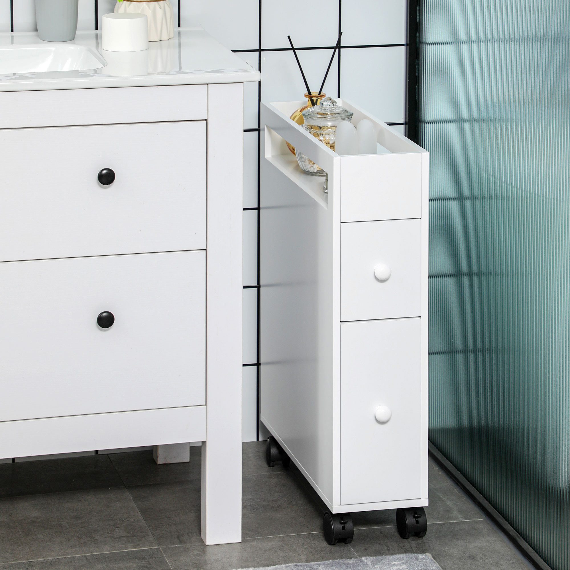 HOMCOM Badkommode Badezimmerschrank schmal mit Schublade auf Rollen, Badschrank (Badrollwagen, 1 St., Nischenschrank), für Bad, 16 x 49,5 x 66 cm, Weiß
