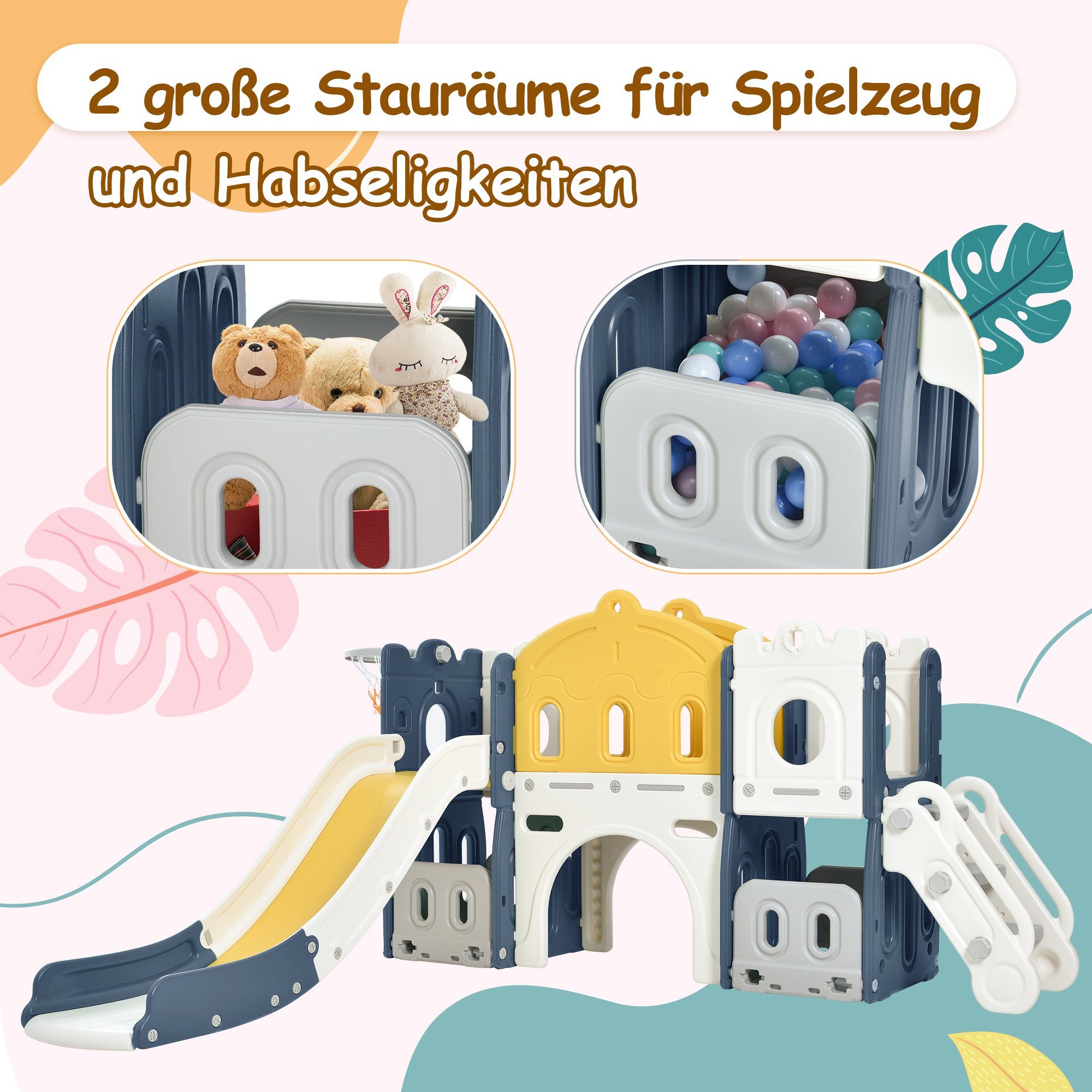 Odikalo Indoor-Rutsche Klettern Bohrspiel Kinder Spielgang Schloss 6 in Stauraum 1 Blau/Grün