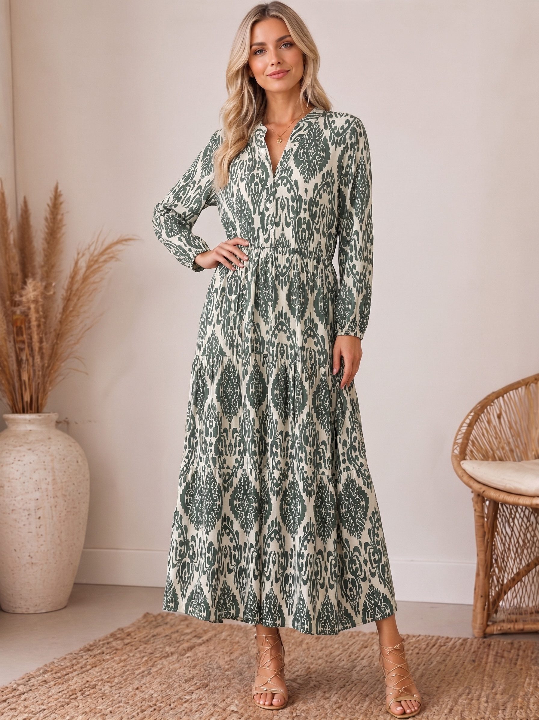 Kendindza Collection Maxikleid Sommerkleid Damen Lang Viskose Elegantes Sommer Kleid lang Maxi Kleid Ikat-Print Knopfleiste & Schnurbund, Luftig Leicht