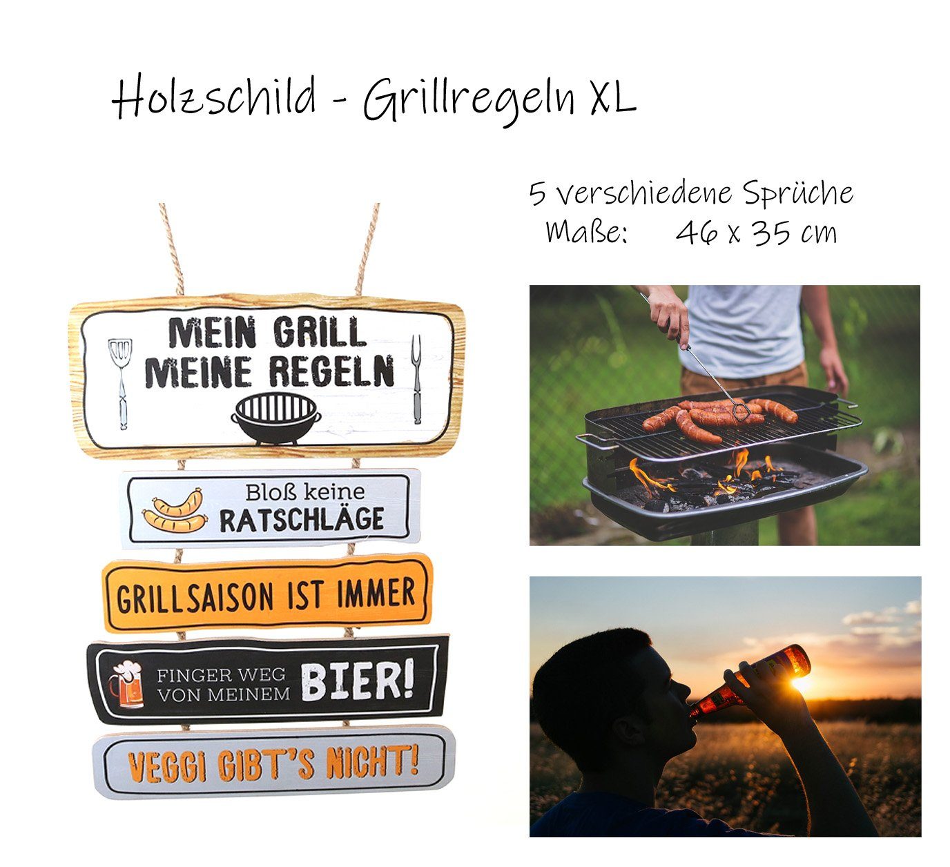 LB H&F Lilienburg Metallschild Holzschild Grillregeln Schild XL Grillen Bier Männer, (Gartengrill Grillplatz-Schild Grillzubehör Griller Grillsaison Feuerstelle Sommer Küche Dekoschild Wandbild Wandschild Geschenkidee Bild Mann Freund Männer Gartenparty Mitbringsel Geburtstag, Fleisch Bier Mann Männer Spruch witzig lustig Wanddeko Wandschild), BBQ Grillplatz-Schild" mit 5 Sprüchen aus Holz
