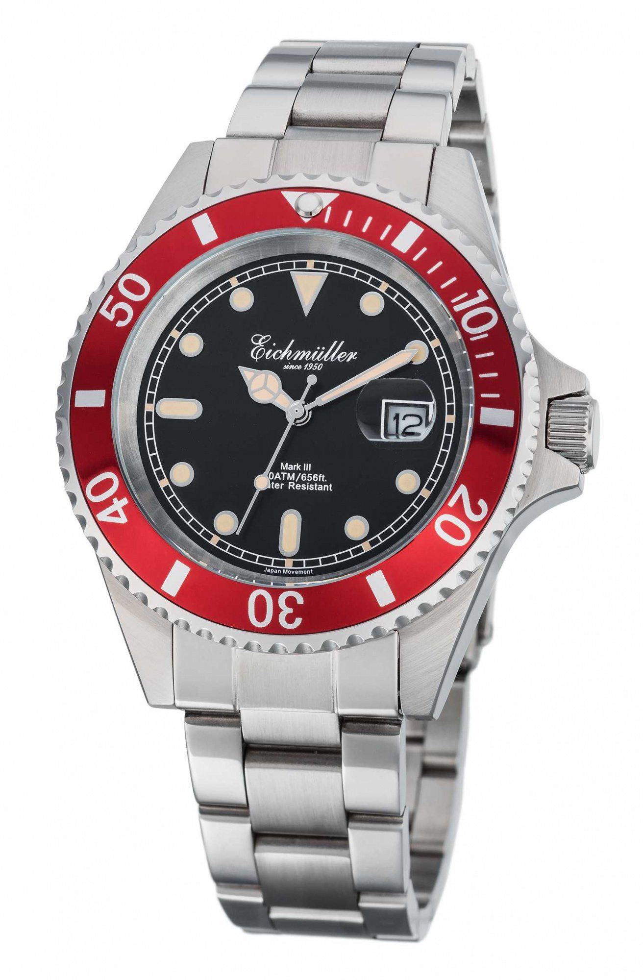 Eichmüller Taucheruhr Herrenuhr Schwarz-Rot, 43 mm, 20 ATM wasserdicht, 3460-08, Edelstahlband, sportlich und robust