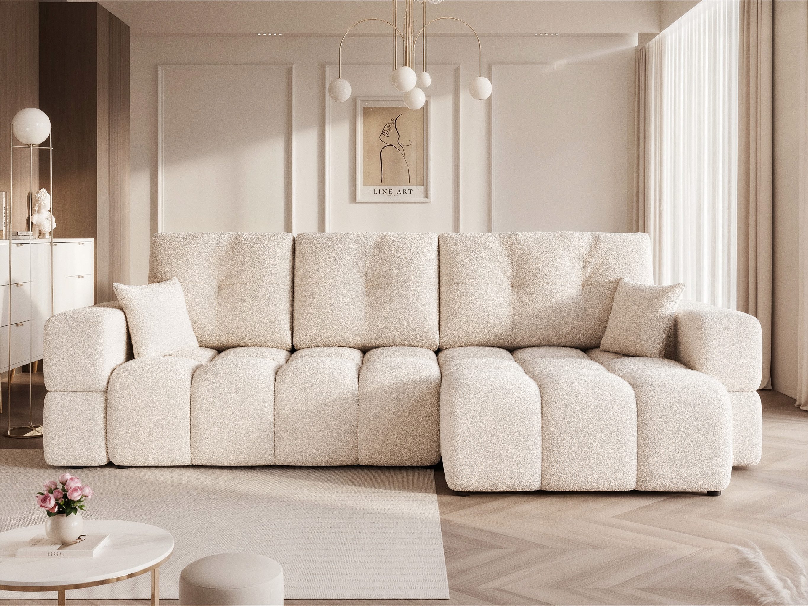 yourhouse24 Ecksofa BUENO XL in L-Form im Glamour-Stil – Trend-Bouclé & Schlaffunktion, mit Schlaffunktion und Bettkasten, Seite universal