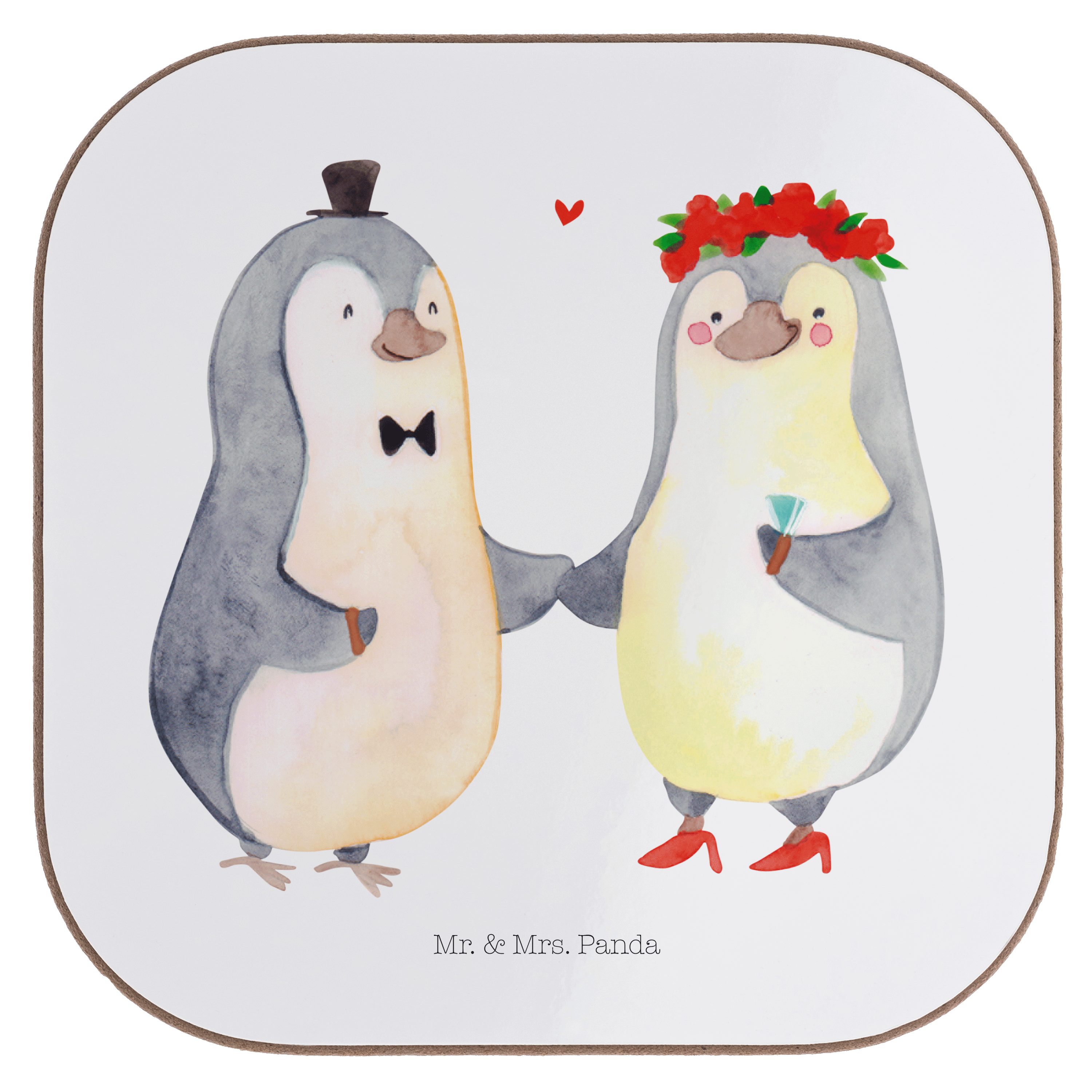 Mr. & Mrs. Panda Getränkeuntersetzer Pinguin Heirat - Weiß - Geschenk, Glasuntersetzer, Partner, Untersetz, 1-tlg.