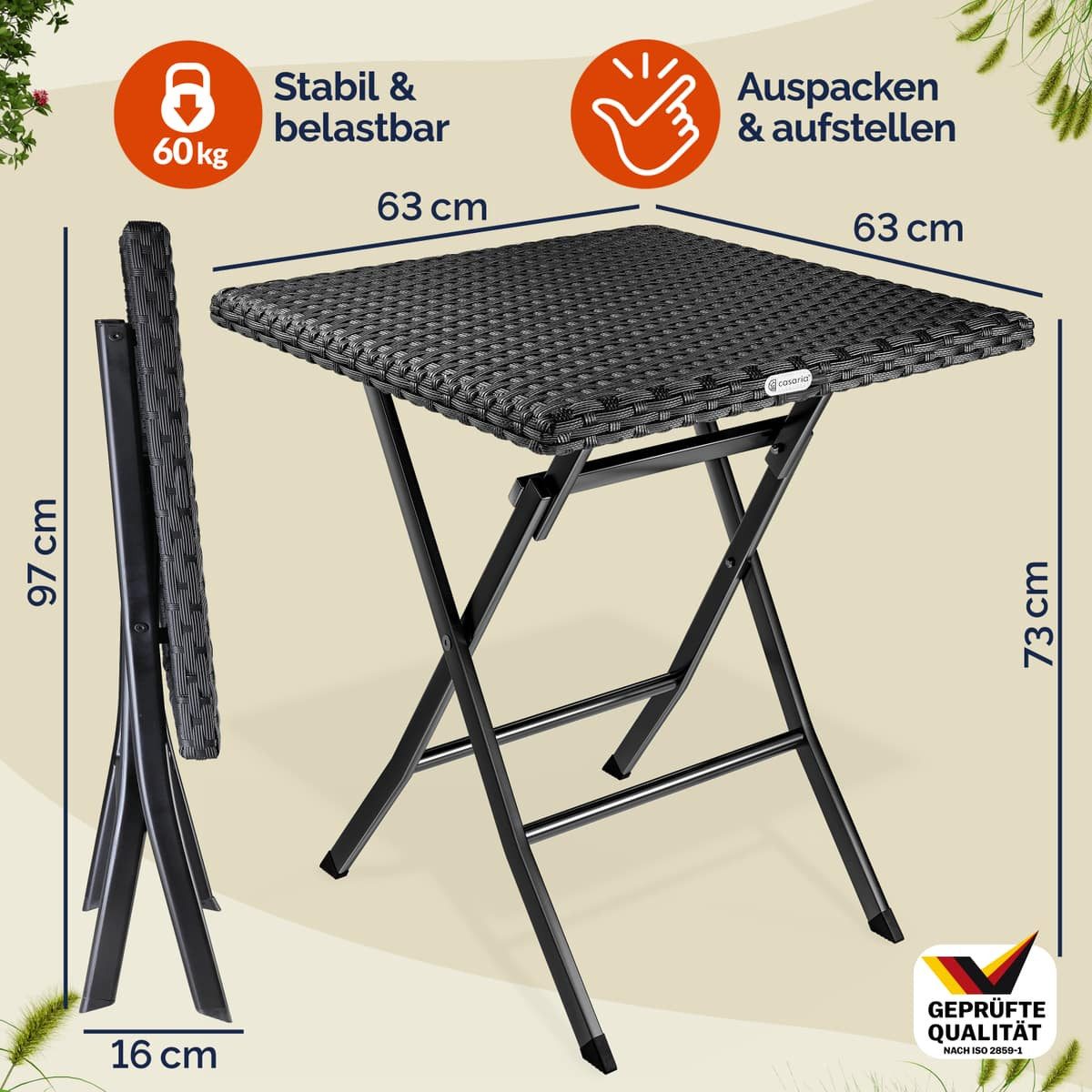 Casaria Klapptisch Rom (1-St), Polyrattan 65x65cm Platzsparend Klappbar Tragbar 60kg Belastbarkeit