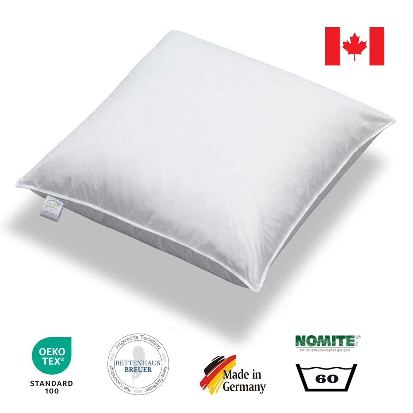 Bettenhaus Breuer 3-Kammer-Kopfkissen 3 Kammer Kopfkissen extra voluminös 1180g canadische Daunen 80x80, Füllung: Innenkammer 100% canadische Federn, Außenkammer 80% canadische Daunen + 20% canadische Kleinstfederchen, Bezug: 100% Baumwolle, Seitenschläfer, Rückenschläfer, Bauchschläfer, Vom Forschungsinstitut Hohenstein auf Schadstoffe geprüft.