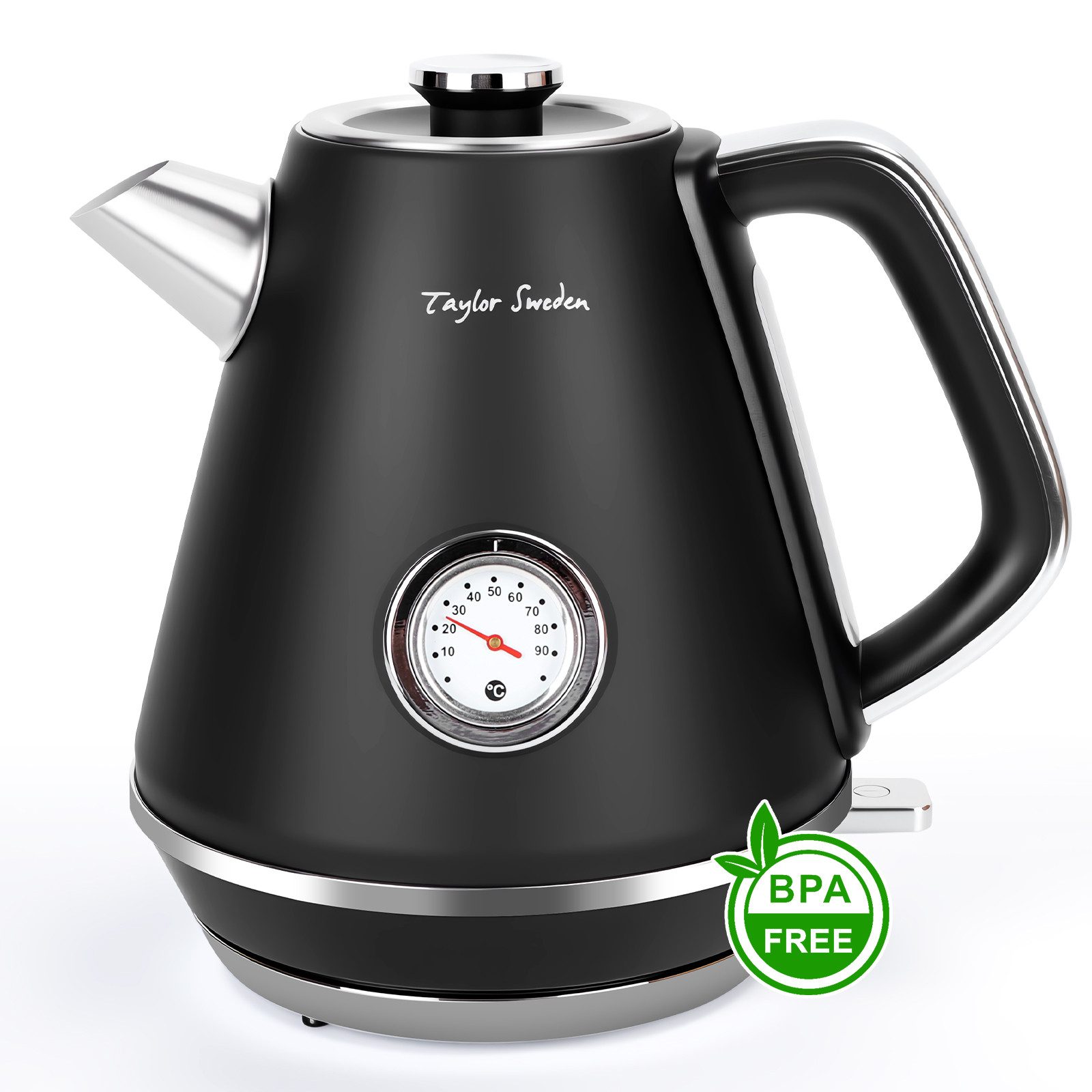 Taylor Swoden Wasserkocher Retro Wasserkocher 1,7L, 2200W, Temperaturanzeige, mit Kalkfilter, 2200,00 W, Mit Wasserstandsanzeige, Drehbare Basis, Abschaltautomatik, Edelstahl