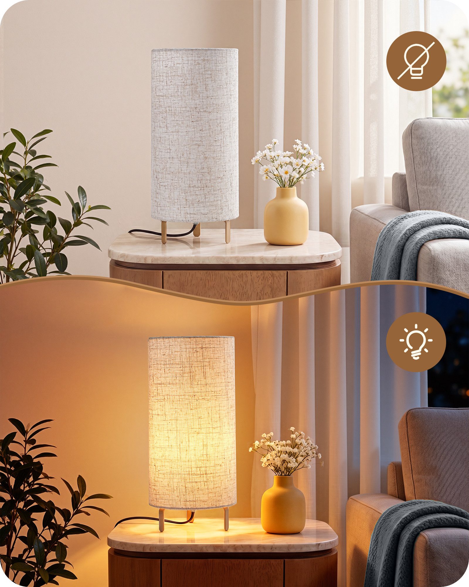 EDISHINE LED Nachttischlampe EDISHINE Nachttischlampen 2er-Set, inkl. 4W LED Leuchtmittel, LED wechselbar, Tageslichtweiß, Moderne Tischlampe mit Metallgestell, – Bild 5 von 5