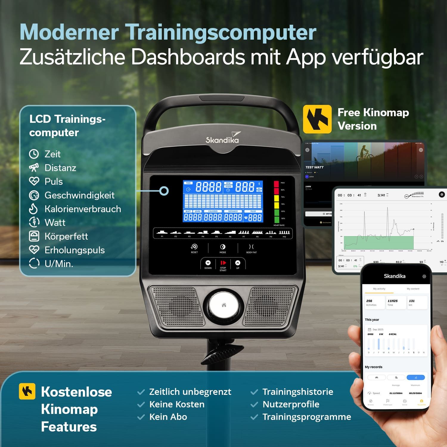 Skandika Heimtrainer Ergometer, Cykling P15, Fahrrad mit LCD HD Display, 38 Programme (Transportrollen, Tablet-Halterung, Handpulssensoren, Integrierte Lautsprecher), Magnetbremse 32 Stufen, Kinomap App kompatibel, Indoor Bike bis 150 kg