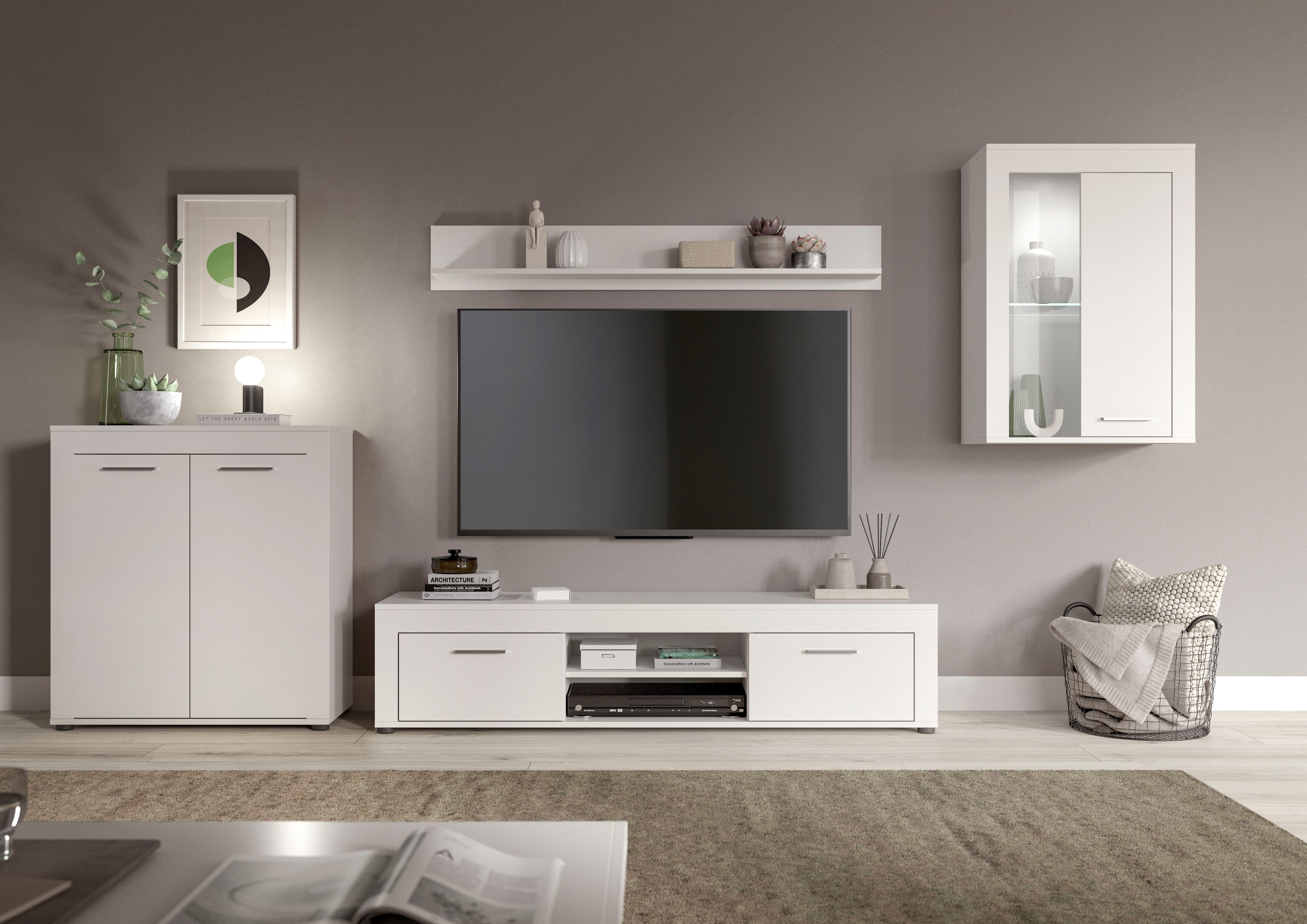 OTTO home Wohnwand AOSTA, Breite 330cm, 4-teilige Wohn-Kombination, (4-St., bestehend aus: Highboard, Lowboard, Wandboard & Vitrine), Wohnwand, Kombination, Anbauwand, Möbel Set, Schrankwand, Möbel Kombi