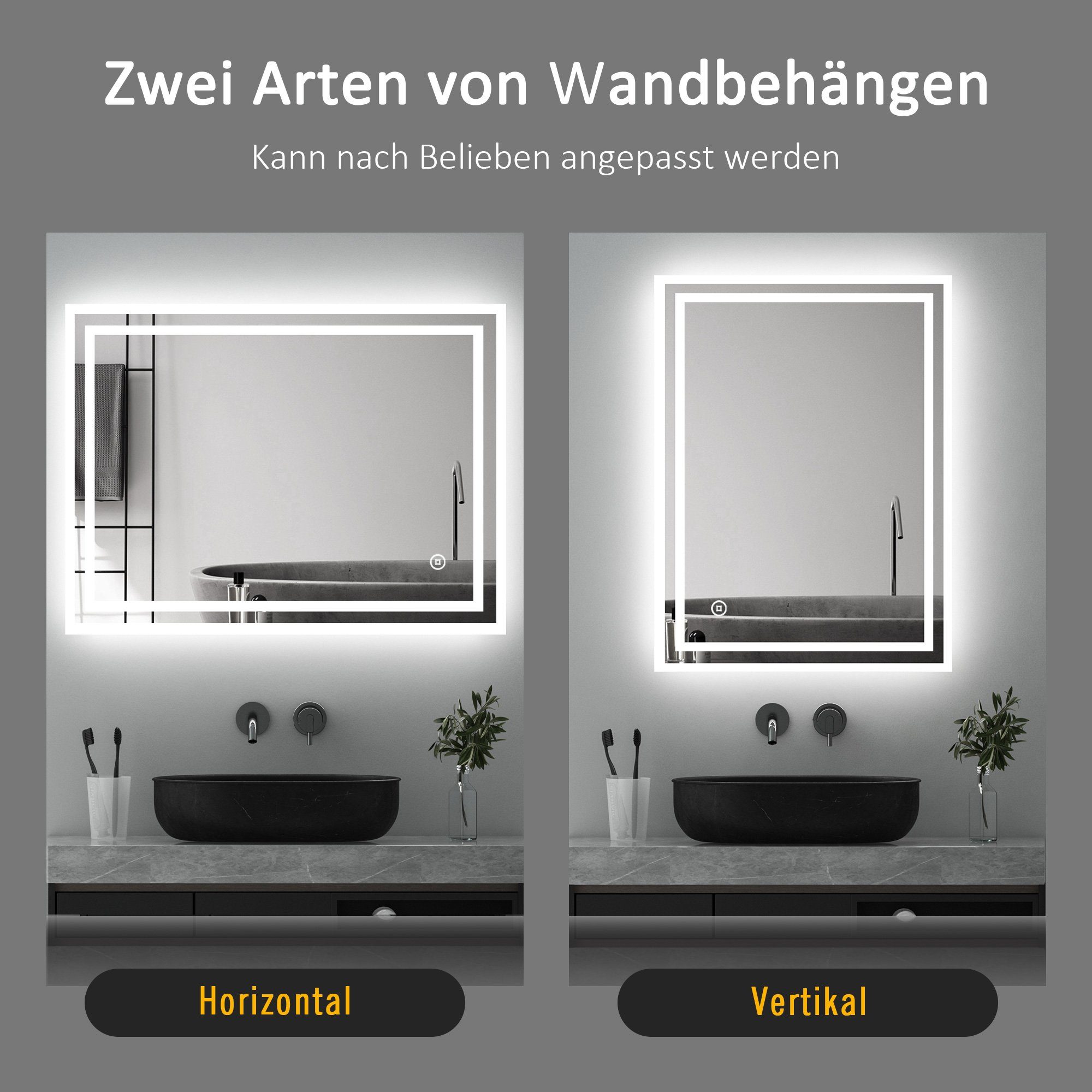 WDWRITTI Badspiegel Badezimmerspiegel mit Beleuchtung Wandspiegel Led Touch Wandschalter (Spiegel Bad, 3Lichtfarben, Memory, Helligkeit dimmbar), 3000K/4000K/65 – Bild 5 von 5