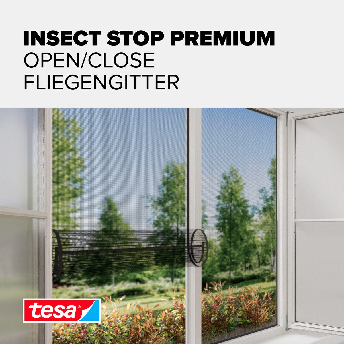 tesa Fliegengitter-Gewebe Open/Close Premium für Fenster, (Packung, 1-St., Fliegennetz, Klettband, Andrück und Schneidehilfe), Insektenschutz zum Öffnen und schließen - Mückenschutz ohne Bohren
