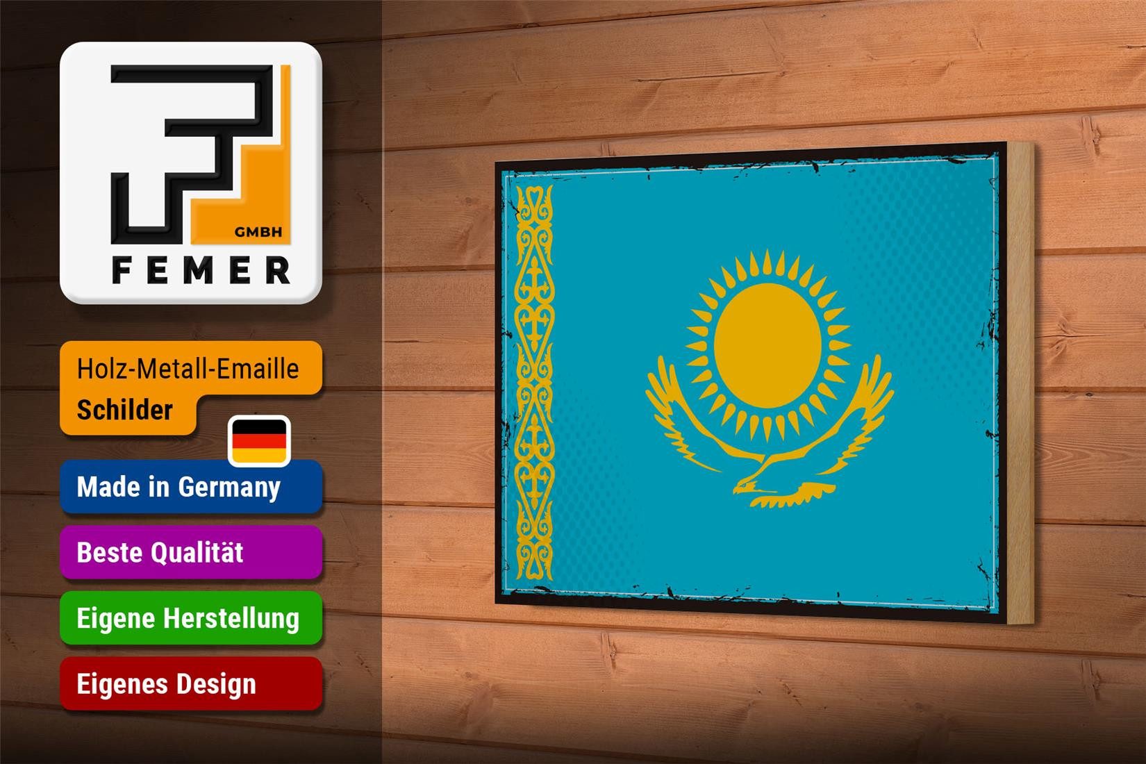 Femer GmbH Holzbild Flagge Kasachstans 18x12 cm Retro Kazakhstan, Flaggen (1 St), Glatte Holzfaserplatte (MDF), vorn beschichtet