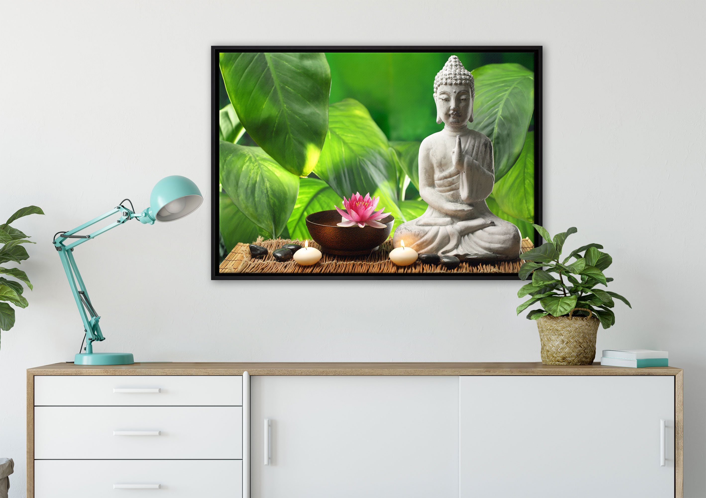 Pixxprint Leinwandbild Seerose Buddha Statue, gefasst, (1 einem inkl. fertig Wanddekoration bespannt, Schattenfugen-Bilderrahmen Leinwandbild Zackenaufhänger in St)