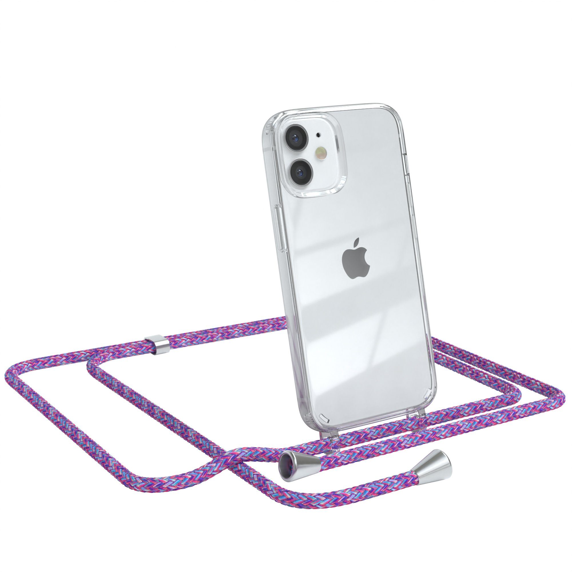 EAZY CASE Handykette Hülle mit Kette für Apple iPhone 12 Mini 5,4 Zoll, Umhängetasche für Handy Silikonhülle Handyhülle durchsichtig Violett