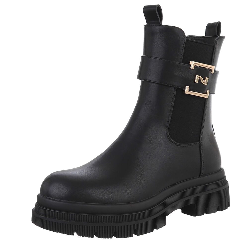 Ital-Design Moderne Damen-Stiefelette mit Schnalle für Alltag und Freizeit Plateaustiefelette (90417907) Blockabsatz Stiefeletten in Schwarz