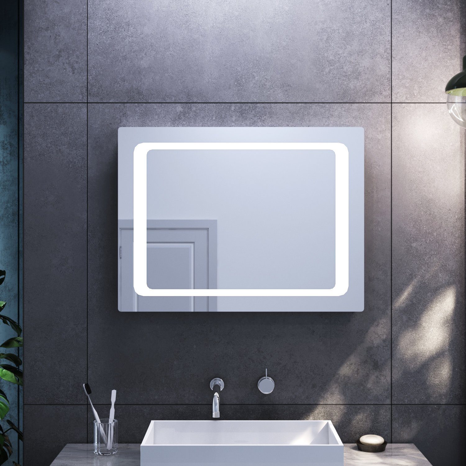SONNI Badspiegel Badspiegel mit LED-Beleuchtung 80×60 cm Lichtspiegel  Energiesparend Wandspiegel Badezimmerspiegel mit Infrarot-Schalter