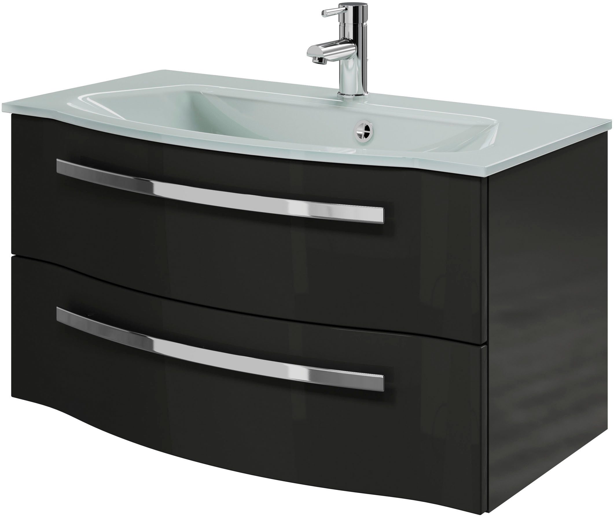 Saphir Badmöbel-Set Serie 4005, vormontiert, Glaswaschbecken, Spiegelschrank, (Set, 5-St), Badezimmer-Set mit Unterschrank, Hängeschrank, Midischrank, Türdämpfer