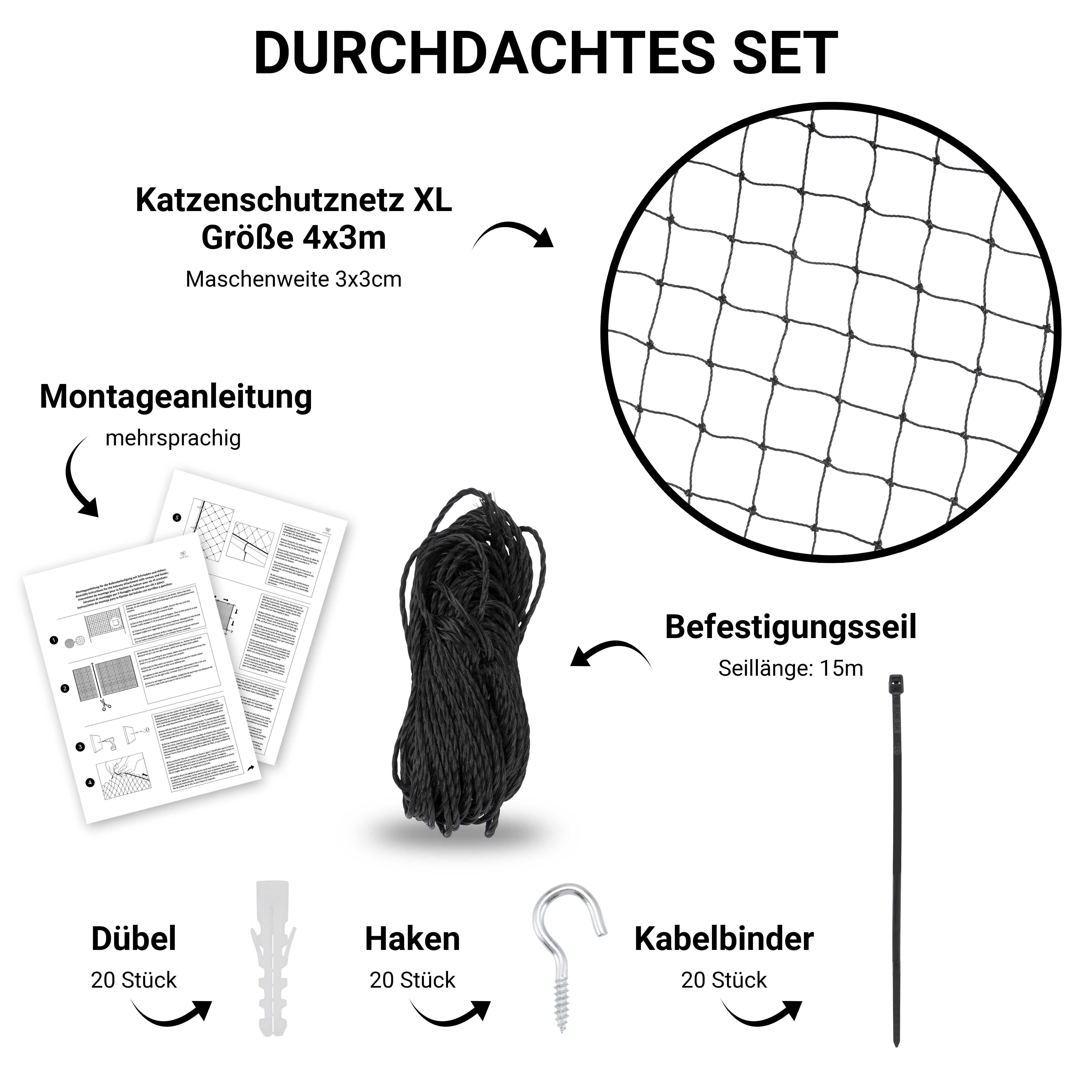 FinoPet Schutznetz FinoPet Katzennetz für Balkon drahtverstärkt ink. Befestigungsmaterial, BxL: 4x3 m, drahtverstärkt, inklusive Befestigungsmaterial, ohne bohren, schwarz