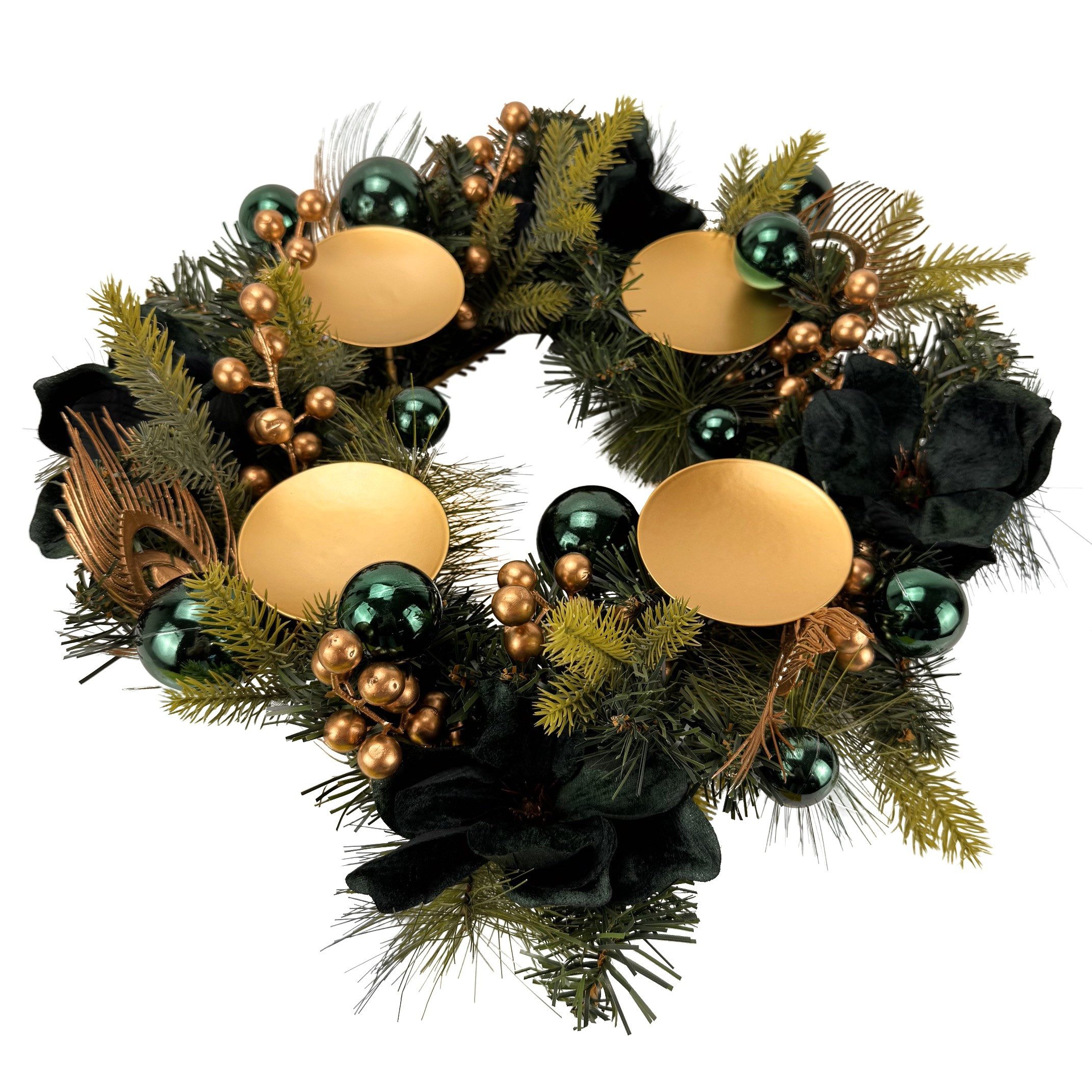 Online-Fuchs Adventskranz fertig dekoriert für Stumpenkerzen - künstlich - Silber oder Salbei, begeistert mit dichtem Tannengrün und einer …