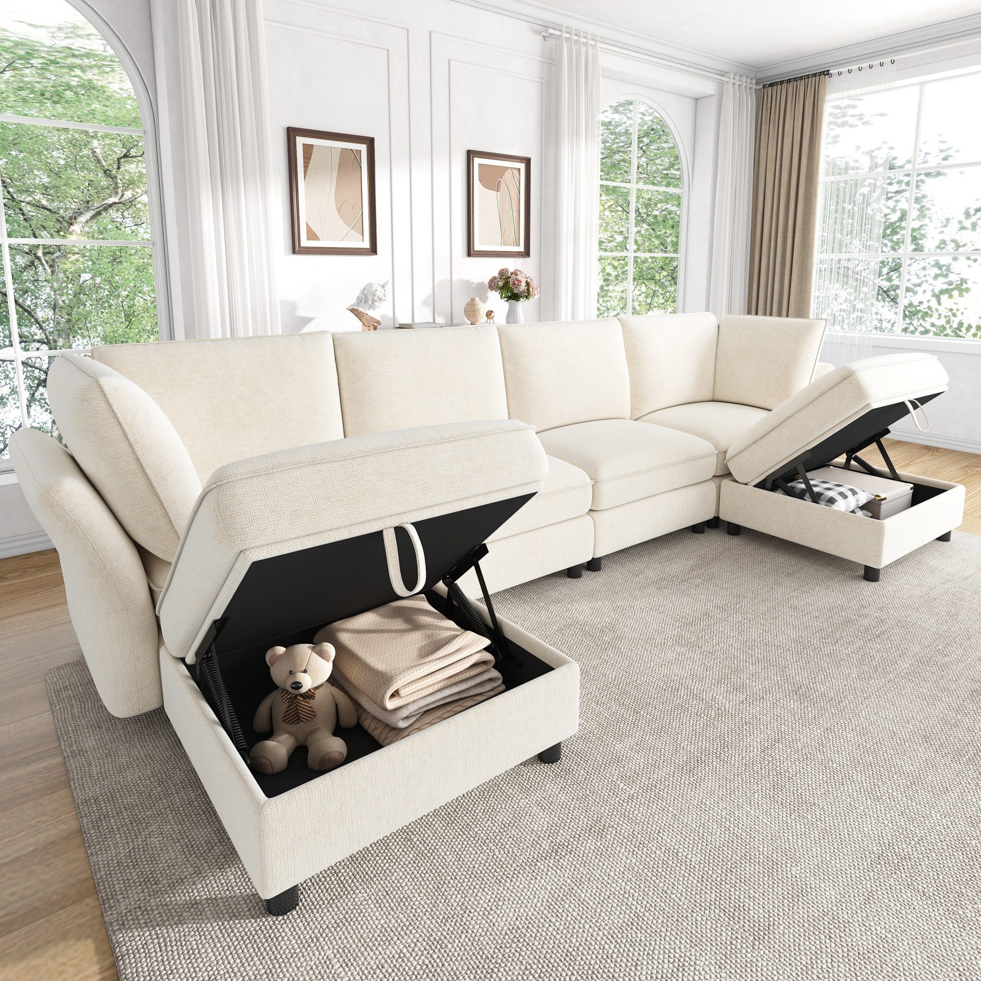 Merax Ecksofa mit 2 Stauraum-Hockern, modulares U-/L-Sofa aus Chenille, 289 × 137 × 84 cm 1 Teile, 6-Sitzer-Sofa mit 2 Kissen, frei kombinierbares Couch in Cloud-Design