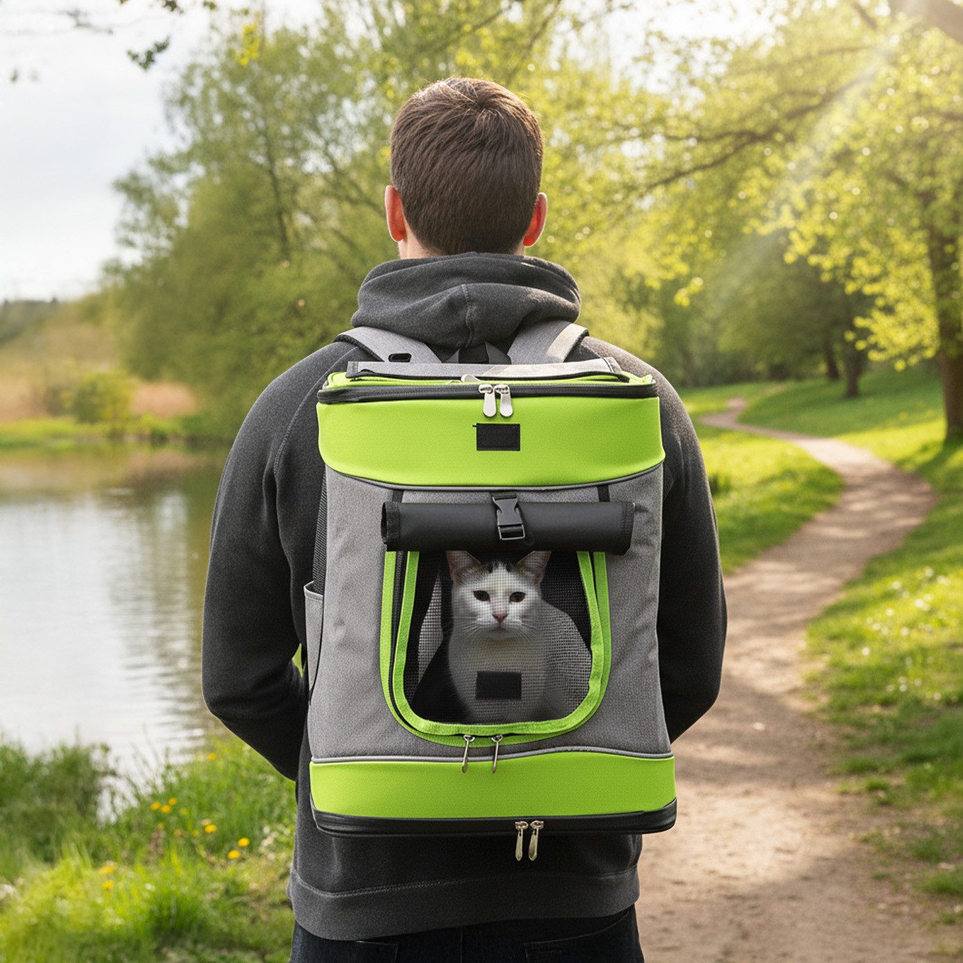 belviona Rucksack für Katzen bis 10 kg, mit Regenschutz, grau/grün (1-tlg), mit Belüftung, Trinkflaschenfach & Regenschutz