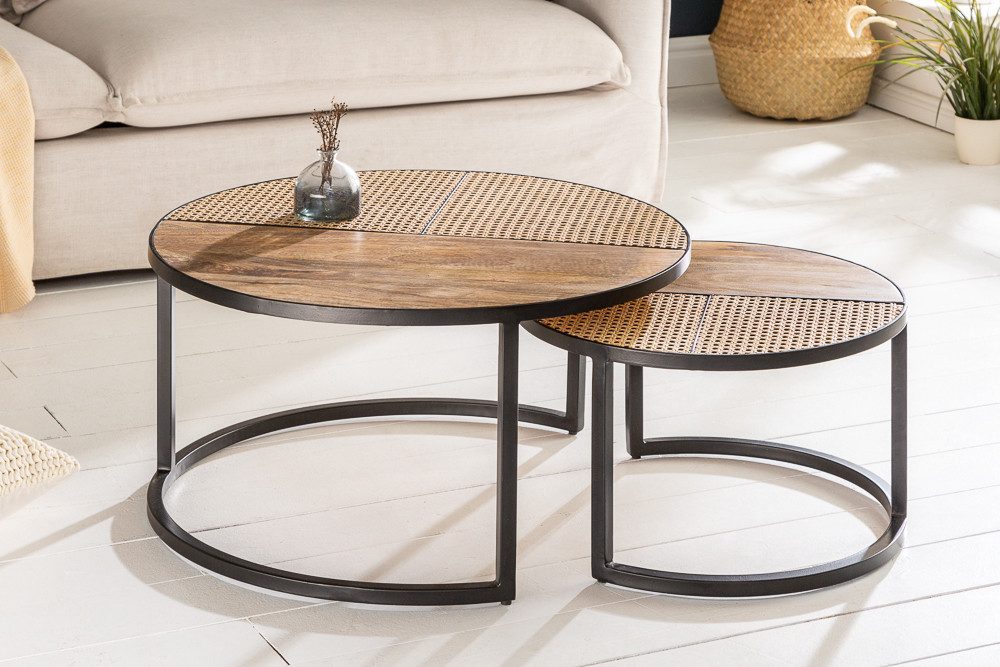 riess-ambiente Couchtisch VIENNA LOUNGE Ø70cm natur / schwarz (Set, 2-St., 2x Couchtisch), Wohnzimmer · Massivholz · Metall · rund · Rattan · Wiener Geflecht