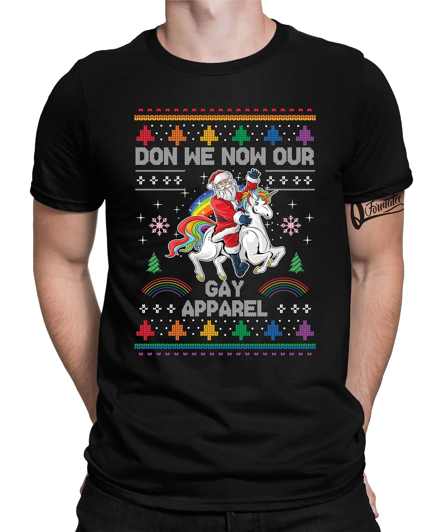 [Sehr beliebt] Quattro Formatee Kurzarmshirt Weihnachtsmann Einhorn Weihnachten X-mas (1-tlg) Weihnachtsg - LGBT Schwarz Regenbogen