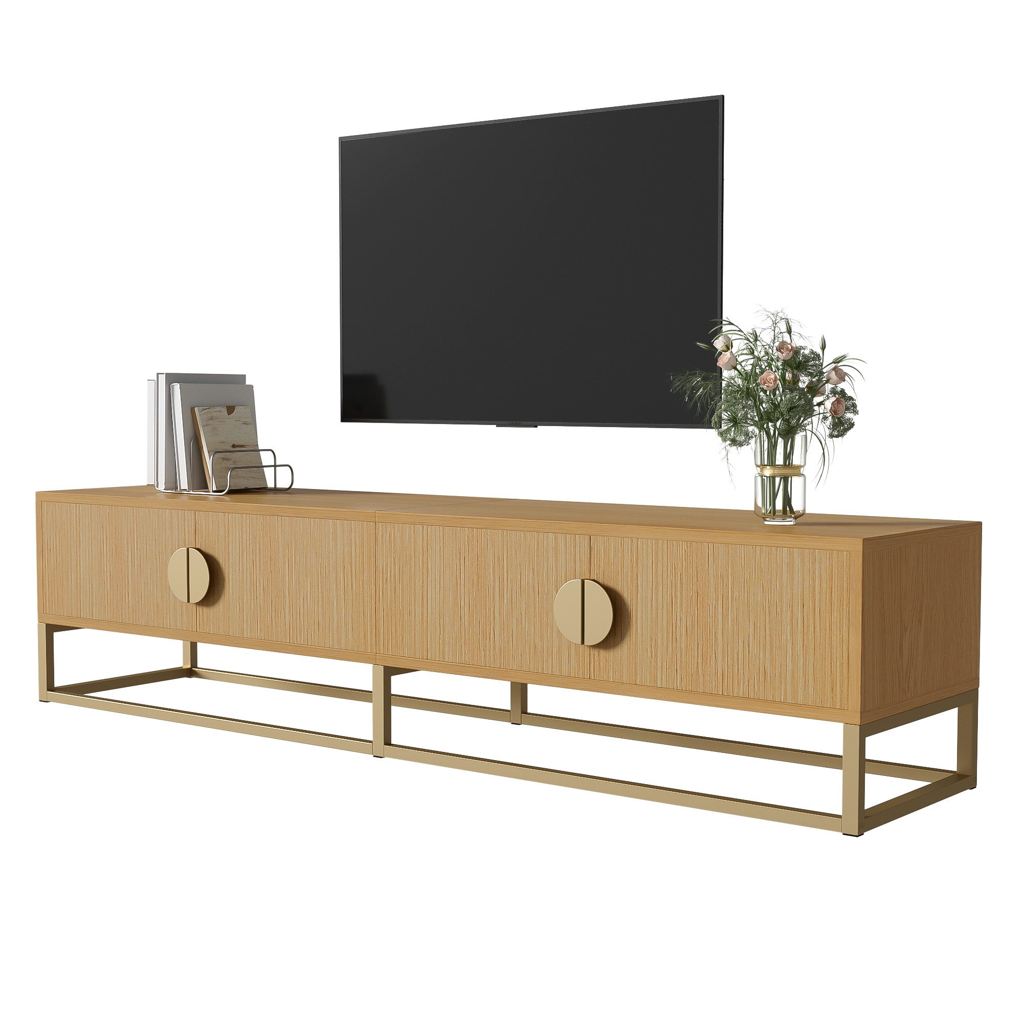 Lowboard Esszimmerschrank mit Holzmaserung, 4 Türen, halbrunde Griffe, natur