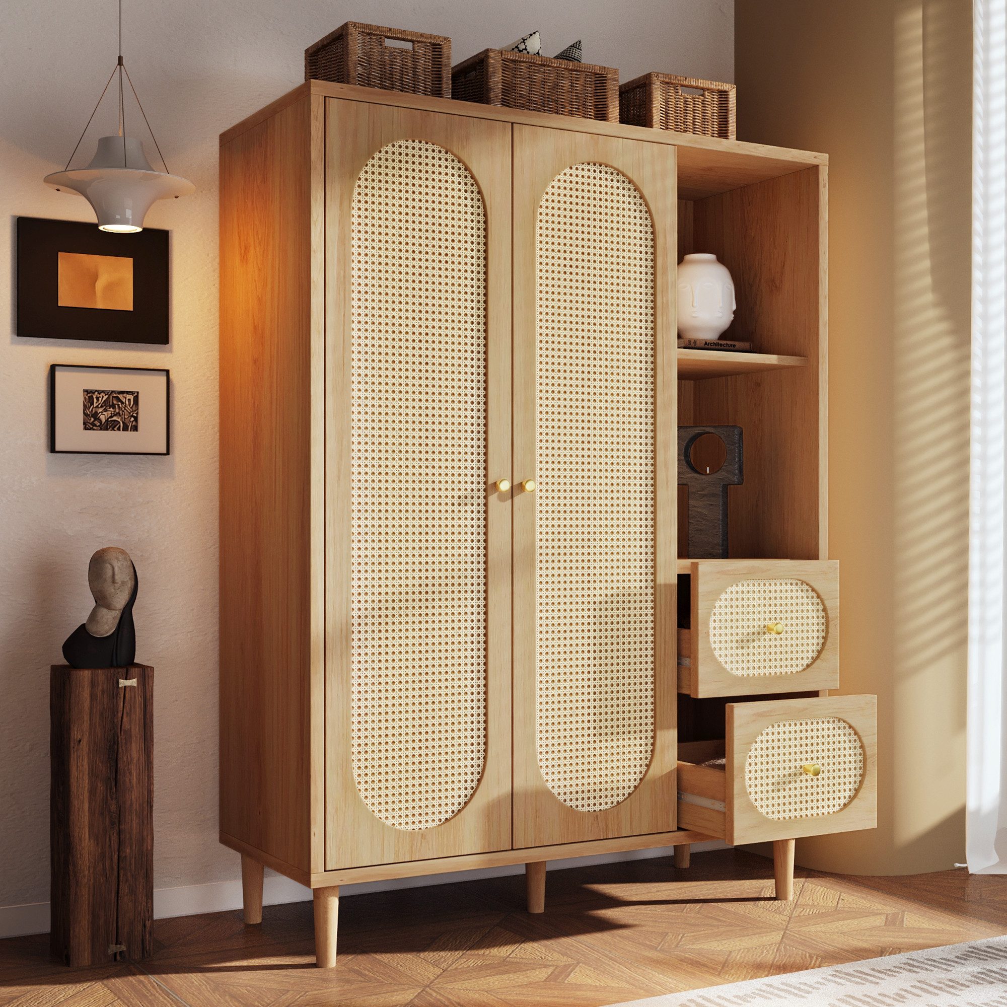 Flieks Kleiderschrank Garderobenschrank 120x44x161cm mit 2 Schubladen und 2 Türen, Rattan