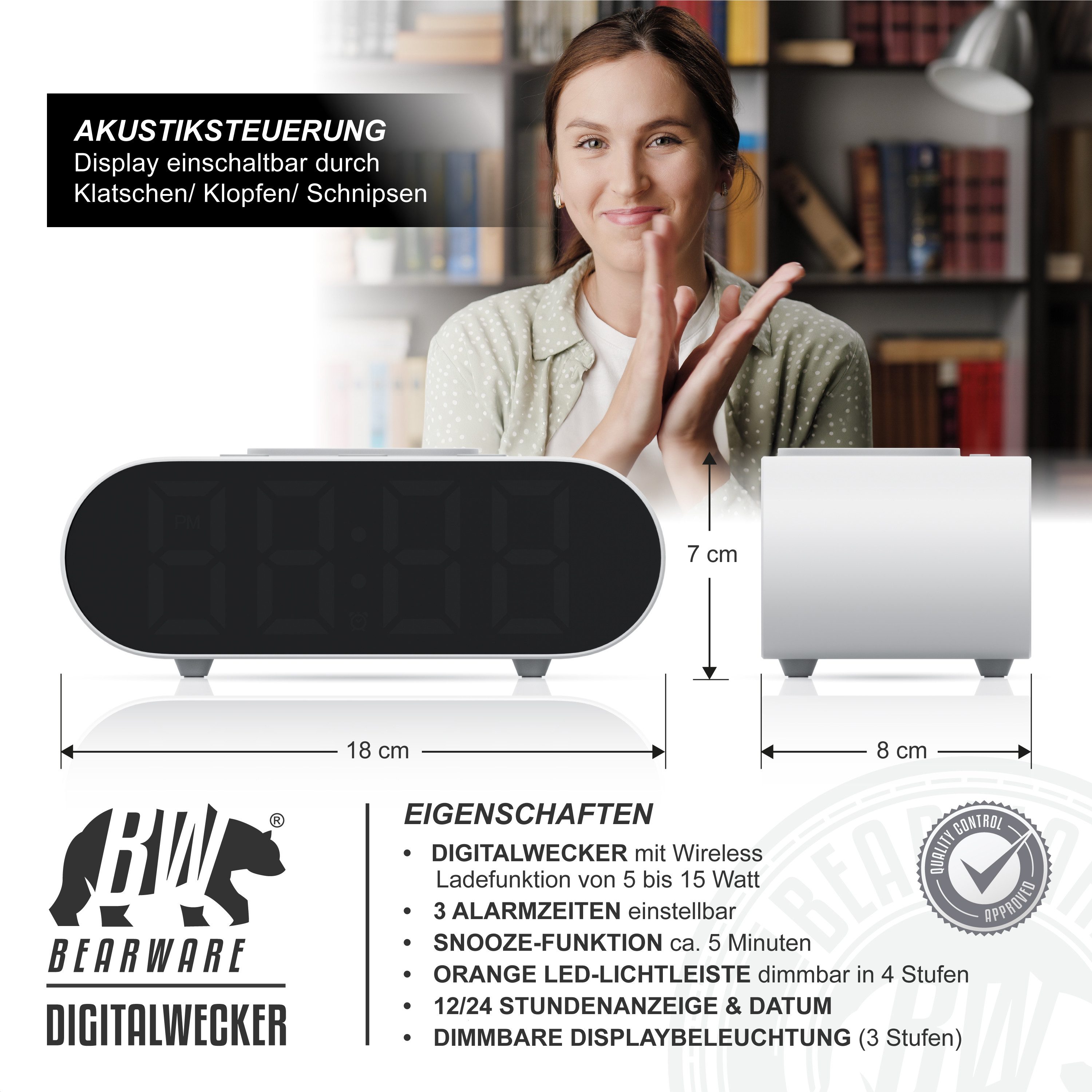 BEARWARE Wecker mit Netzteil & Akku, 3 Alarmzeiten, mit Beleuchtung & QI La günstig online kaufen