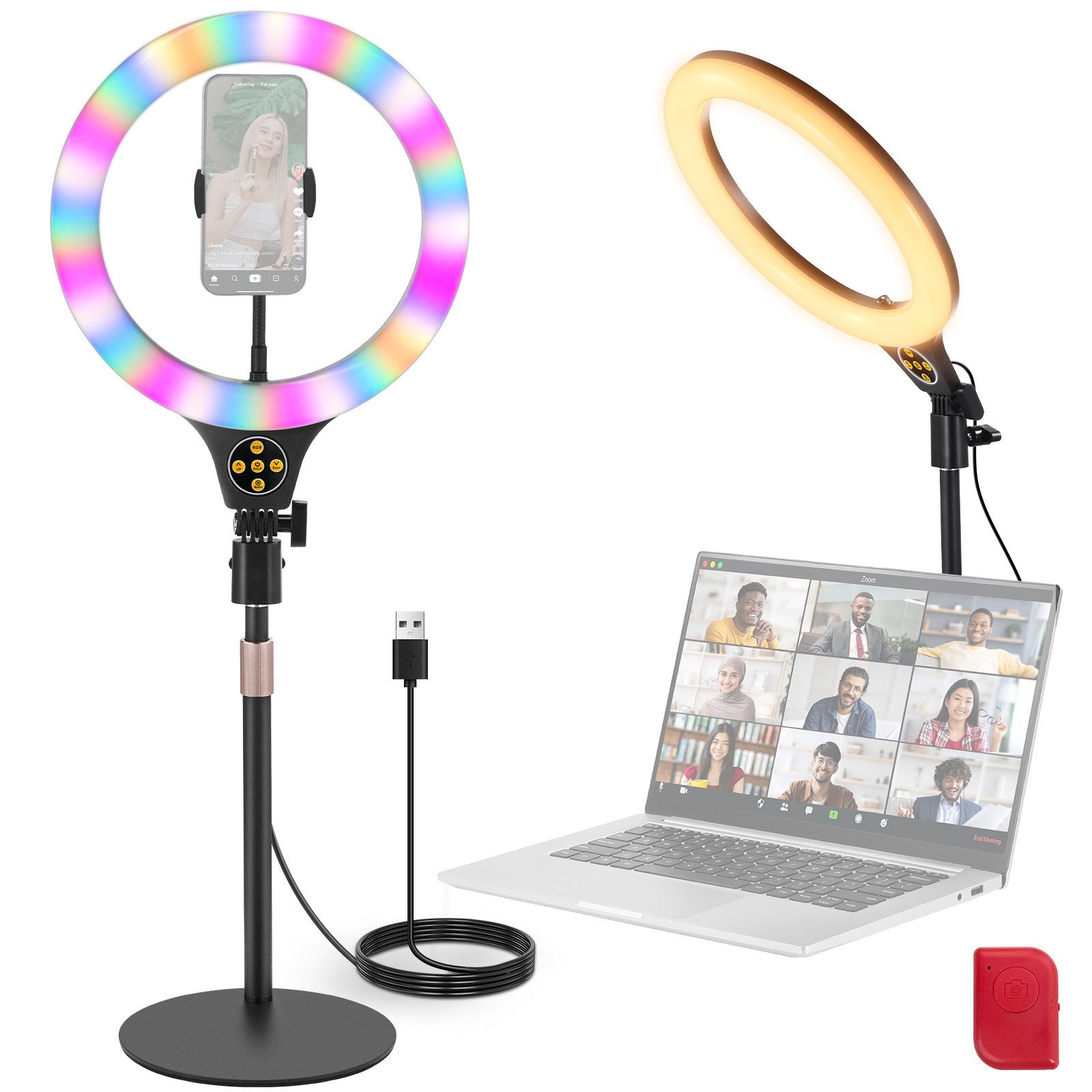 Neewer Ringlicht N37 10,5" RGB Ringlicht LED Videolicht mit Tischständer Handyhalterung, 10W CRI85+, kompatibel mit iPhone Fernbedienung