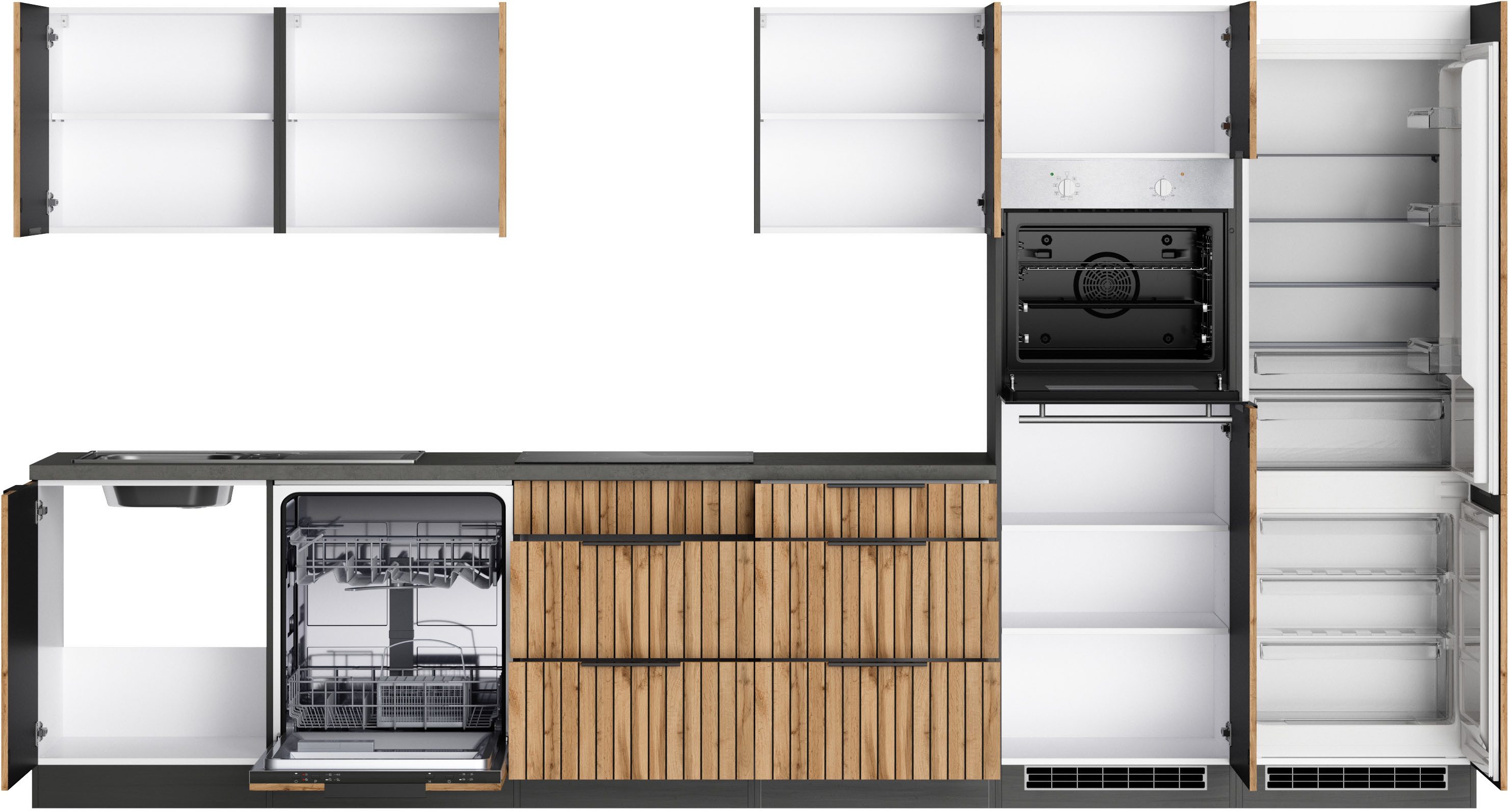 KOCHSTATION Küchenzeile KS-Lagos, Breite 360 cm, wahlweise mit E-Geräten, Ceran-oder Induktionskochfeld, Spüle edelstahl oder schwarz