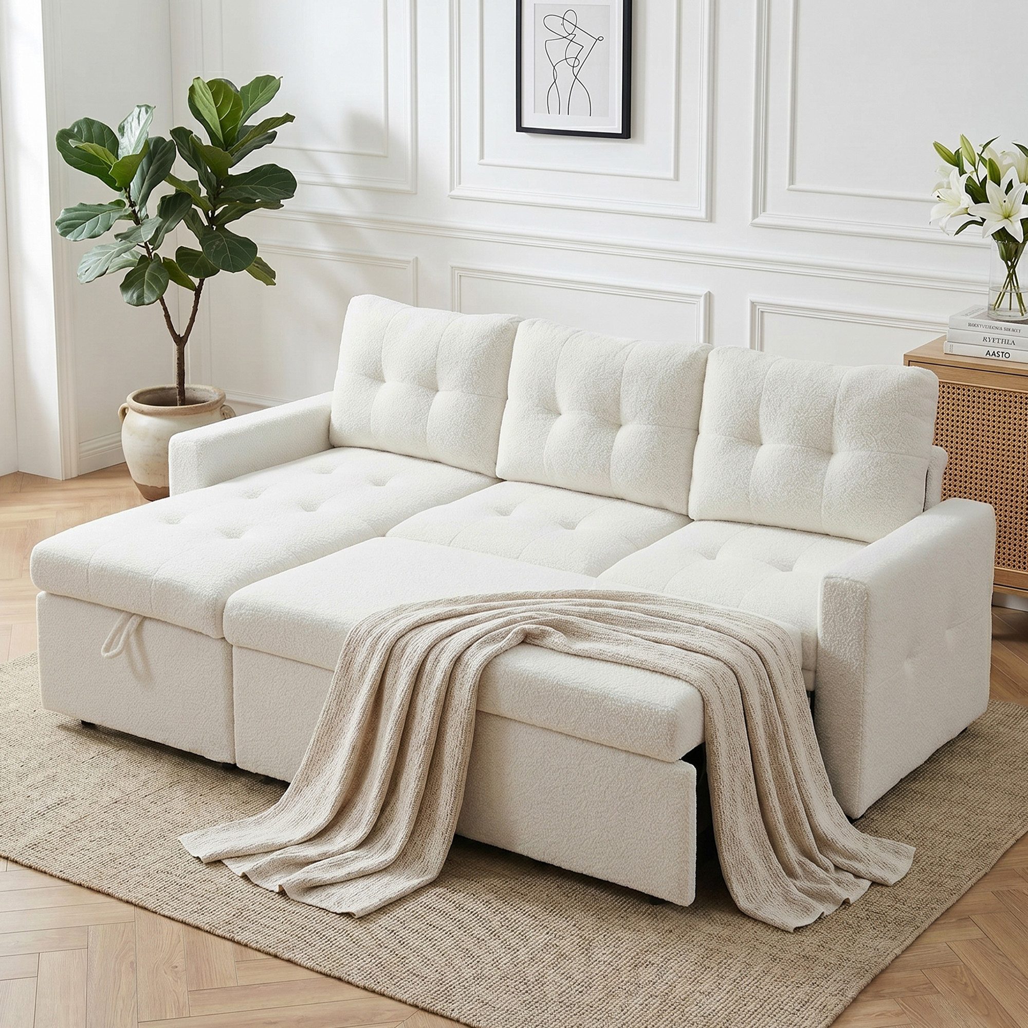 Jiexi Schlafsofa Ecksofa mit Schlaffunktion Teddy-Fleece L-Form Sofa Bettkasten