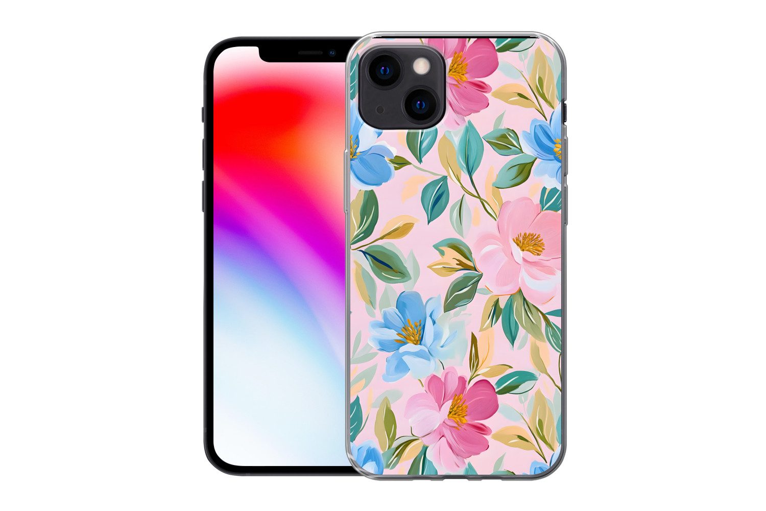 MuchoWow Handyhülle für Apple iPhone 13 Blau - Rosa - Blumen, Smartphone-Bumper, Print, Handy Schutzhülle Dünn